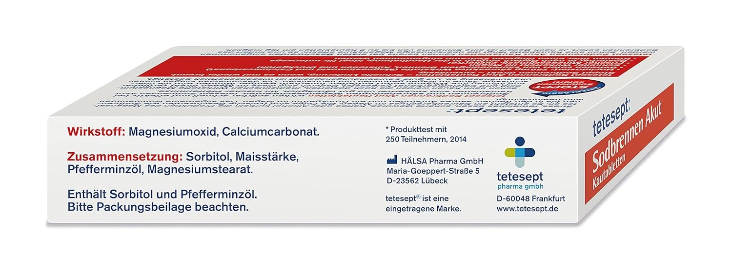 Seitenansicht der tetesept Sodbrennen Akut Kautabletten Packung mit Wirkstoffen, Zusammensetzung und Herstellerangaben.