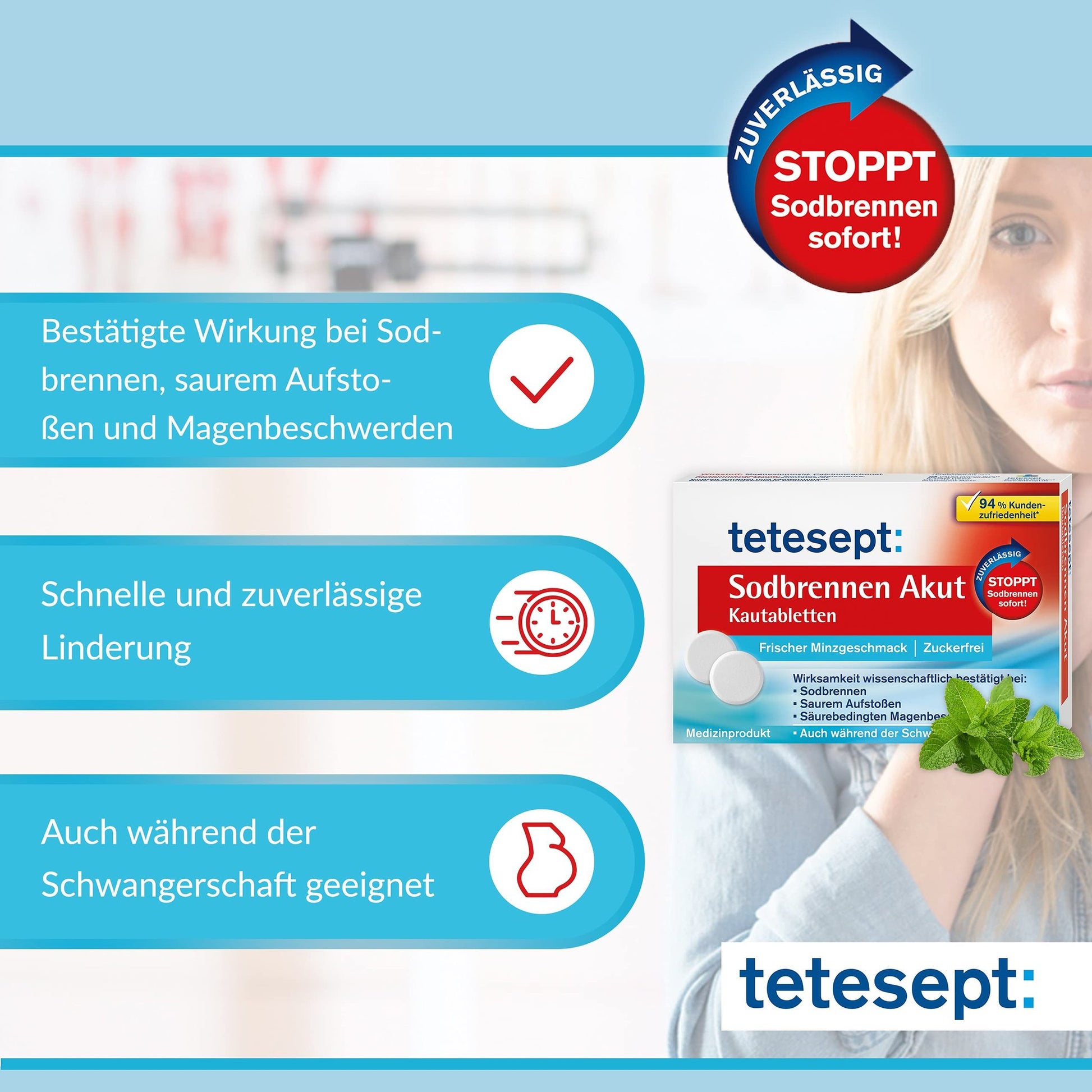 Frau hält sich den Hals, Produktpackung und Minzblätter im Vordergrund. Textfelder mit Produktvorteilen.