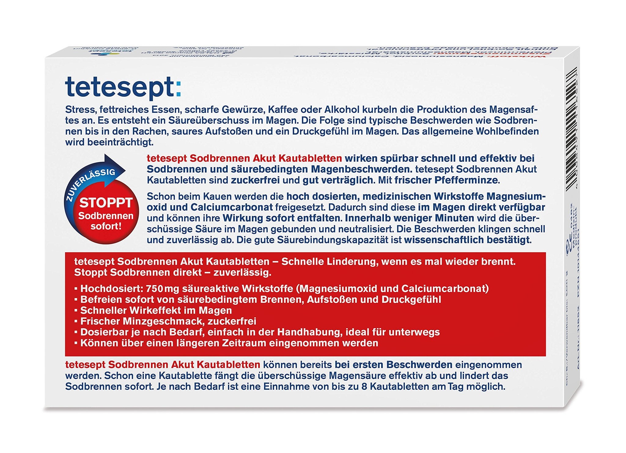 Rückseite der tetesept Sodbrennen Akut Kautabletten Packung mit detaillierten Produktinformationen und Vorteilen.