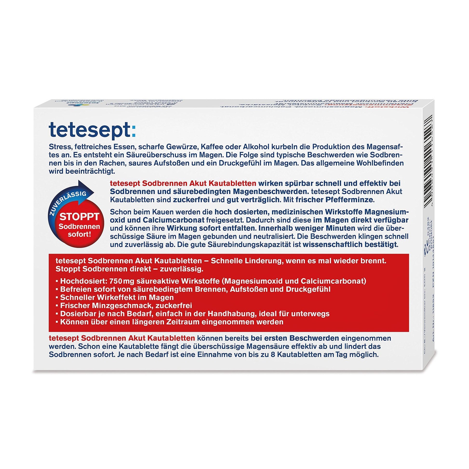 Rückseite der tetesept Sodbrennen Akut Kautabletten Packung mit detaillierten Produktinformationen und Vorteilen.