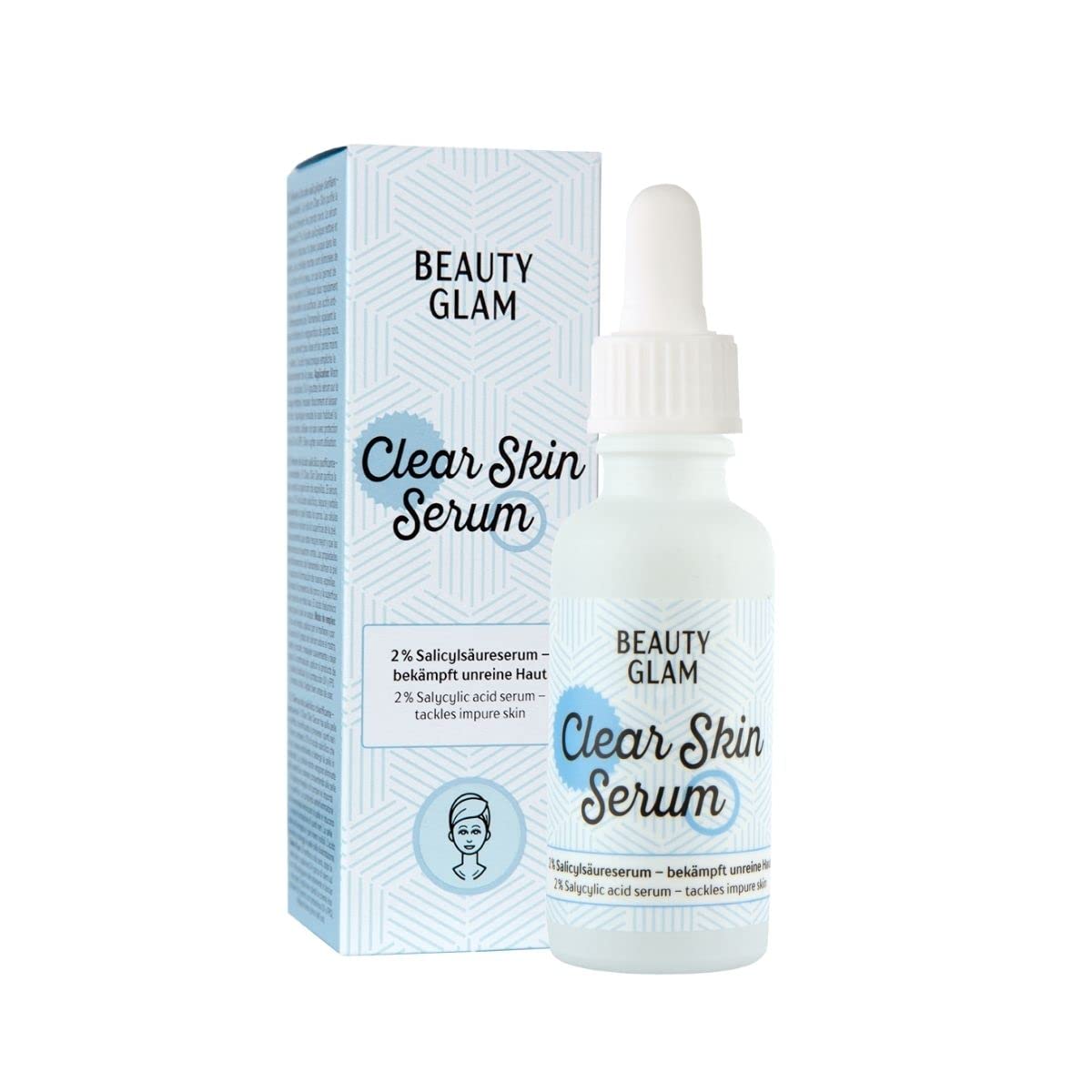 Weiße Flasche mit Pipette und hellblauer Verpackung des Beauty Glam Clear Skin Serums, Vorderansicht.