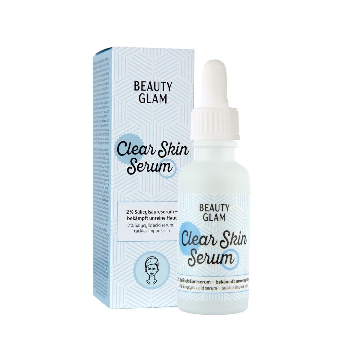 Weiße Flasche mit Pipette und hellblauer Verpackung des Beauty Glam Clear Skin Serums, Vorderansicht.