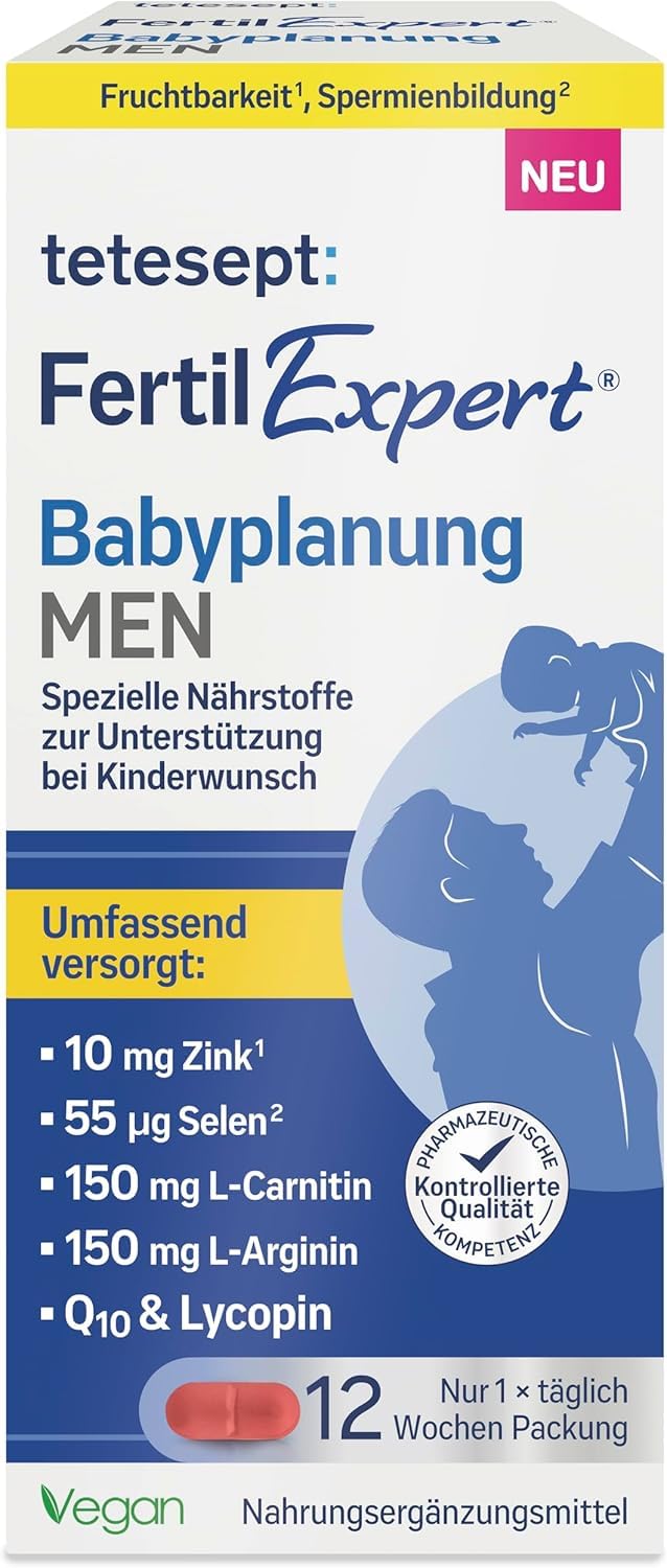 Vorderseite der tetesept Fertil Expert Babyplanung MEN Verpackung mit Produktnamen, Inhaltsstoffen und "NEU" Hinweis.