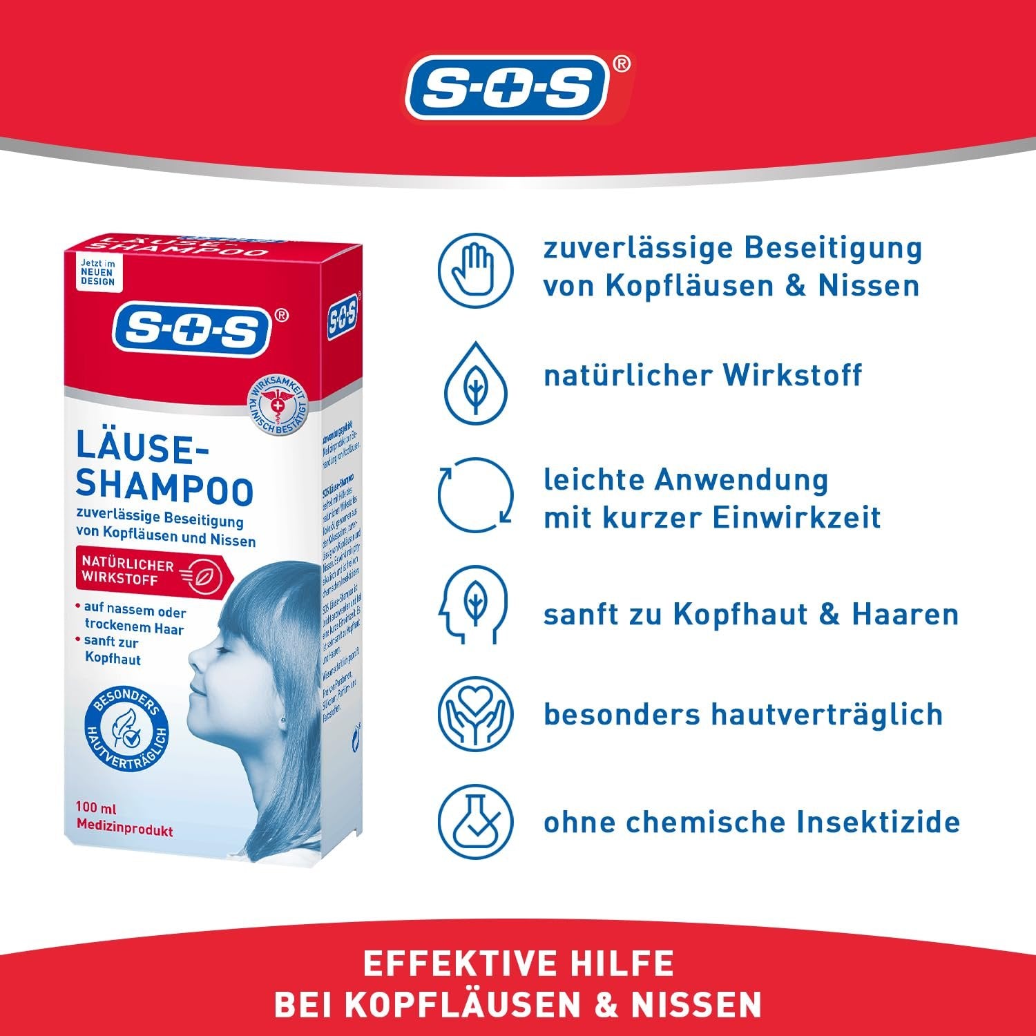 Produktverpackung von S-O-S Läuse-Shampoo neben einer Liste von Produktvorteilen mit Icons.