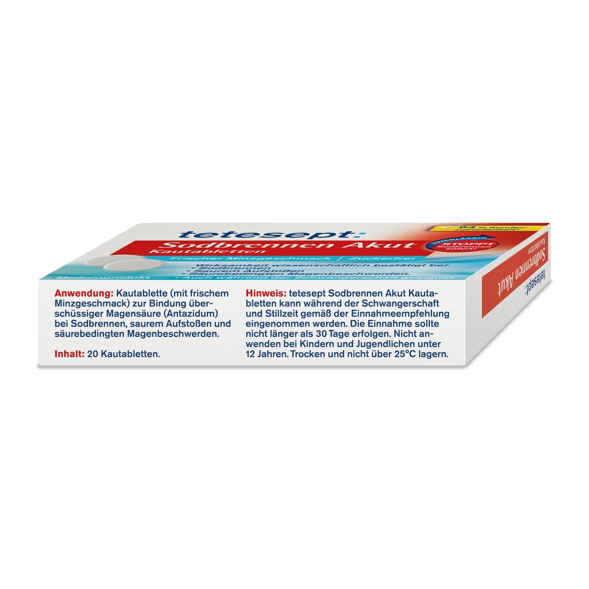 Oberseite der tetesept Sodbrennen Akut Kautabletten Packung mit Anwendungshinweisen und Inhaltsangabe.