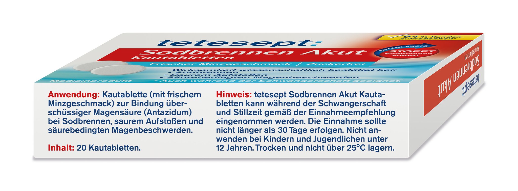 Oberseite der tetesept Sodbrennen Akut Kautabletten Packung mit Anwendungshinweisen und Inhaltsangabe.