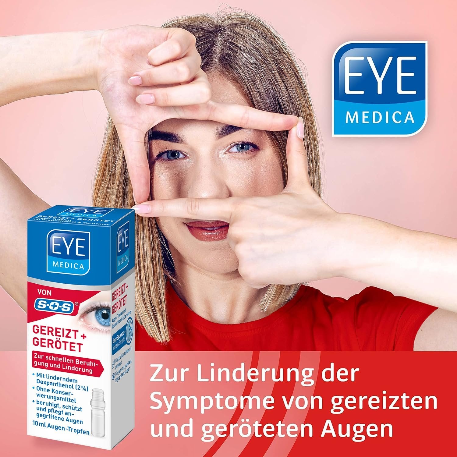 Eine Frau rahmt ihr Auge mit den Händen ein, im Vordergrund die Produktverpackung der Eye Medica Augen-Tropfen.