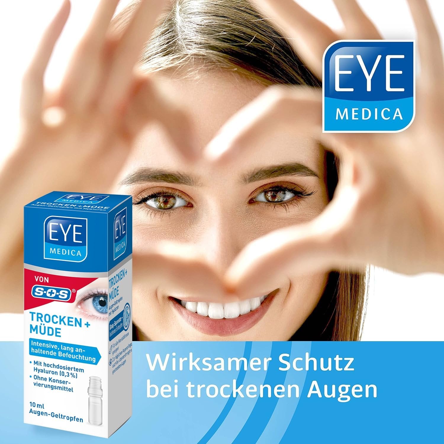 Lächelnde Frau formt ein Herz um ihre Augen. Die Produktverpackung ist links im Vordergrund zu sehen.