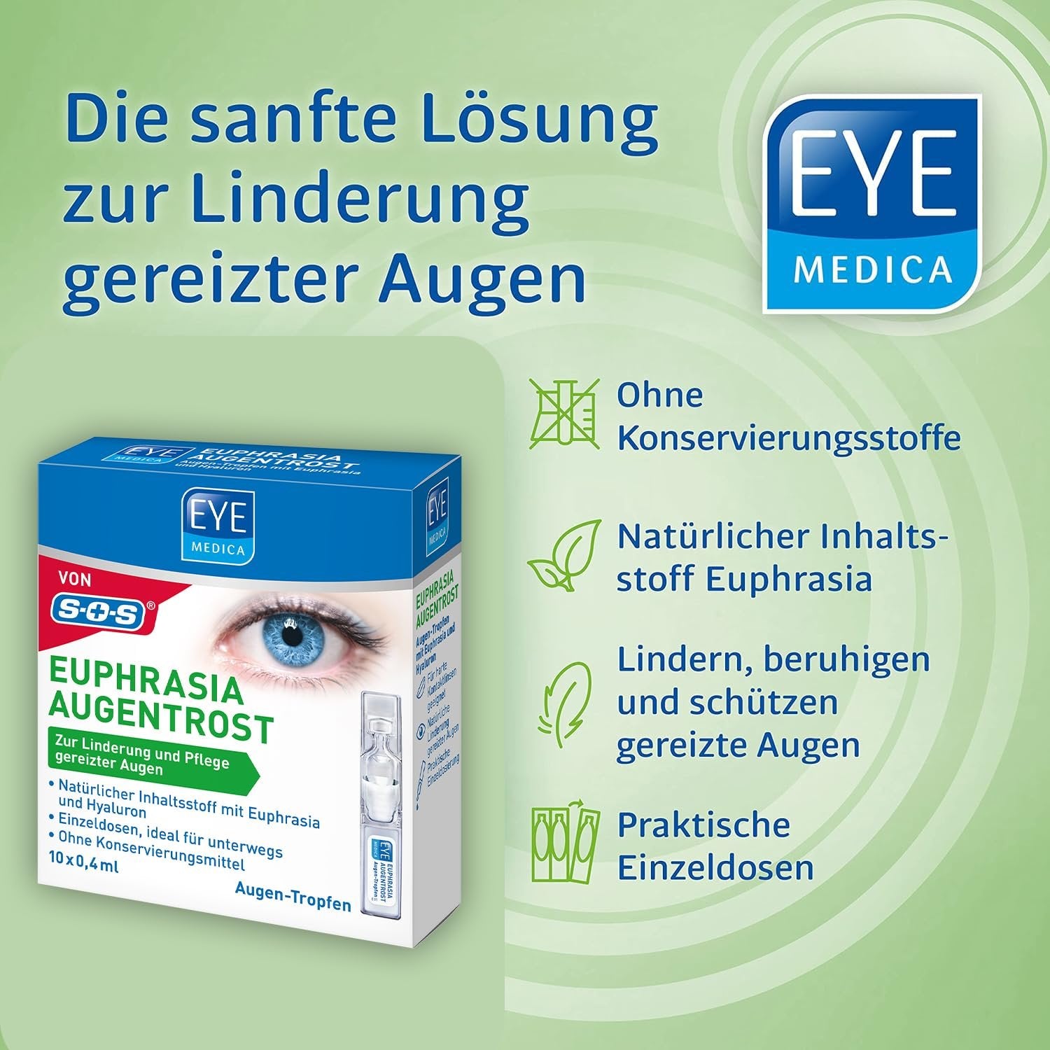 Produktverpackung auf grünem Hintergrund mit Text "Die sanfte Lösung zur Linderung gereizter Augen" und Vorteils-Icons.