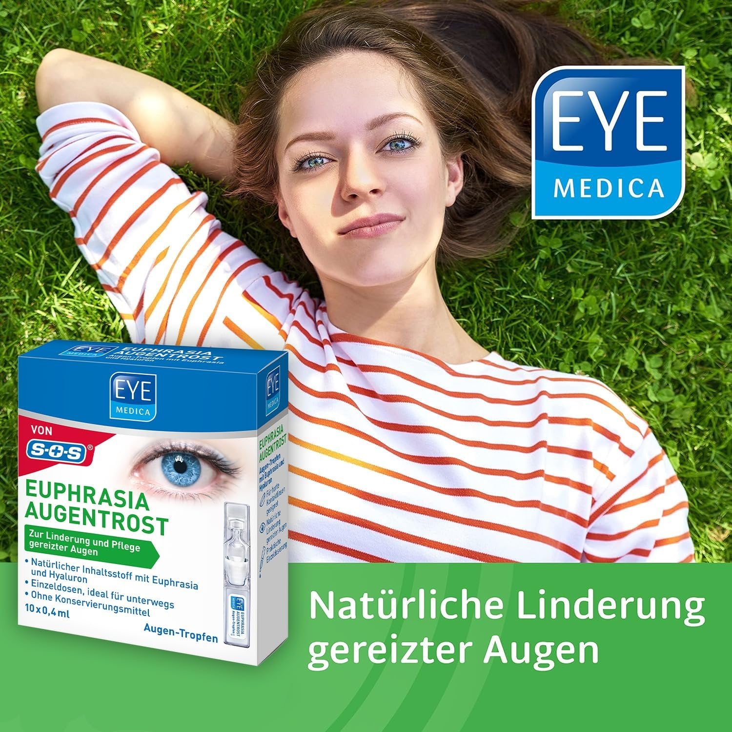 Eine lächelnde Frau liegt entspannt auf dem Rücken, neben ihr die Produktverpackung "Eye Medica Euphrasia Augentrost".