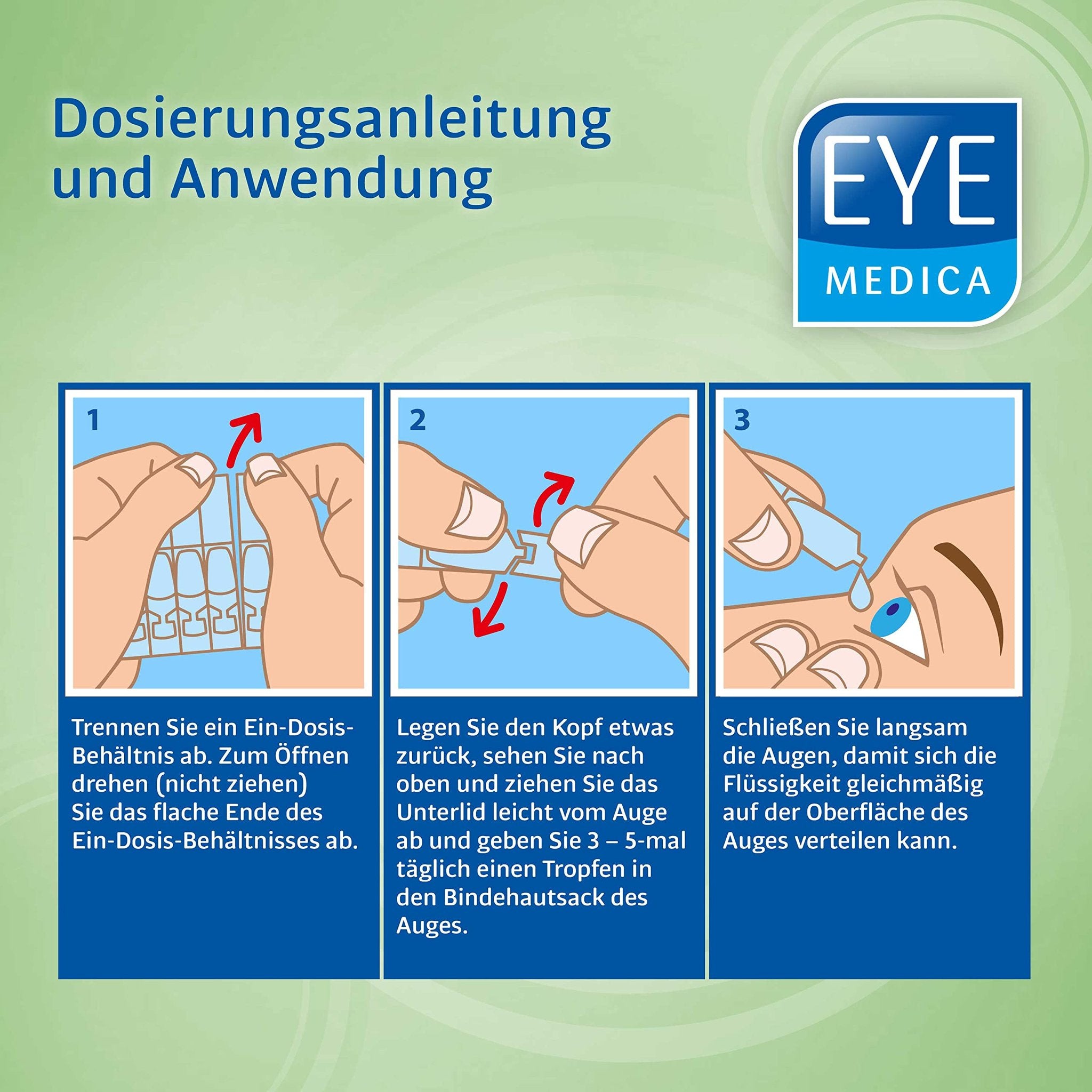 Drei illustrierte Schritte zur Dosierungsanleitung und Anwendung der Augentropfen, vom Öffnen bis zum Eintropfen.