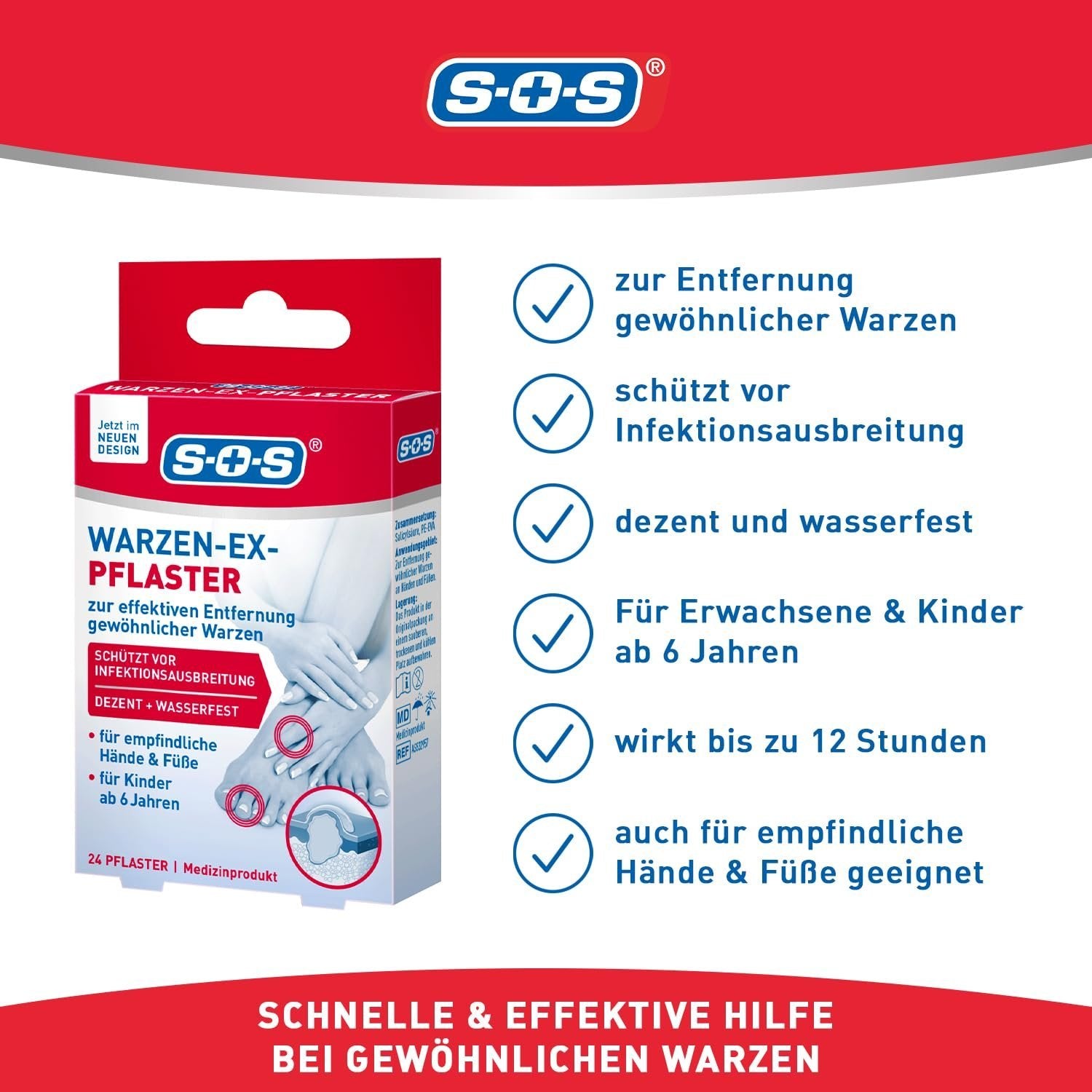 Produktverpackung links und eine Liste der Vorteile des SOS Warzen-Ex Pflasters mit Haken auf weißem Hintergrund.