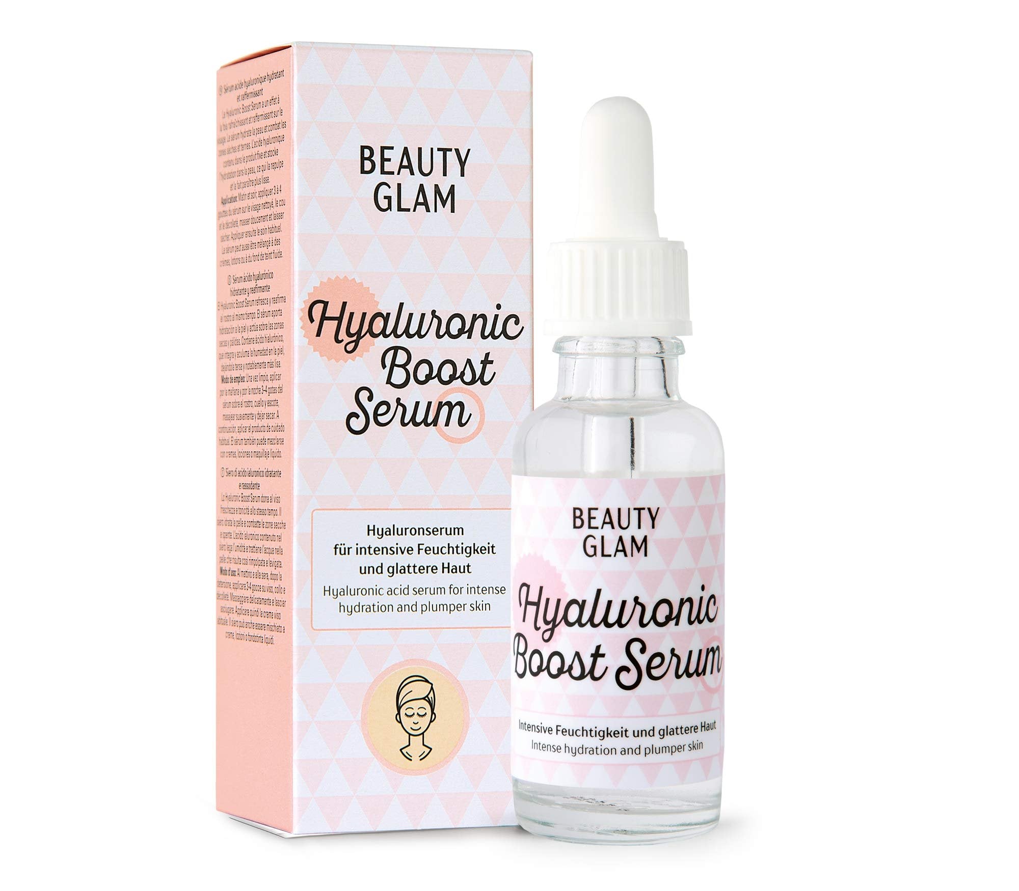 Produktbox und geschlossene Serumflasche mit Pipette, auf weißem Hintergrund.