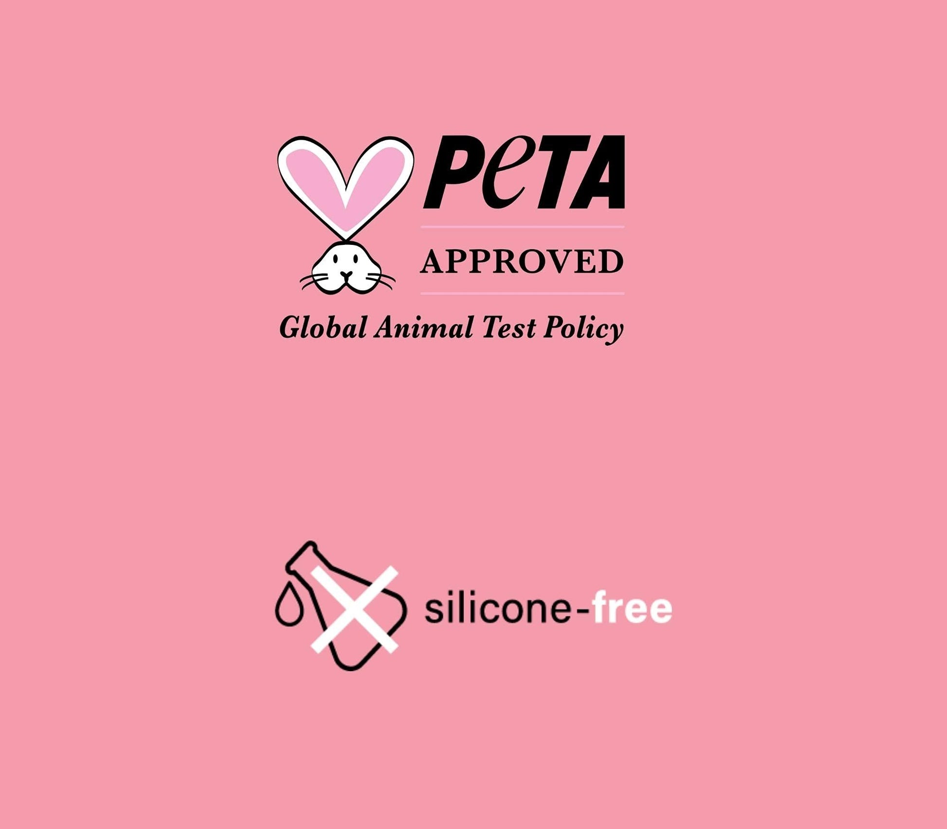 PETA Approved Logo und "silicone-free" Symbol auf pinkem Hintergrund.