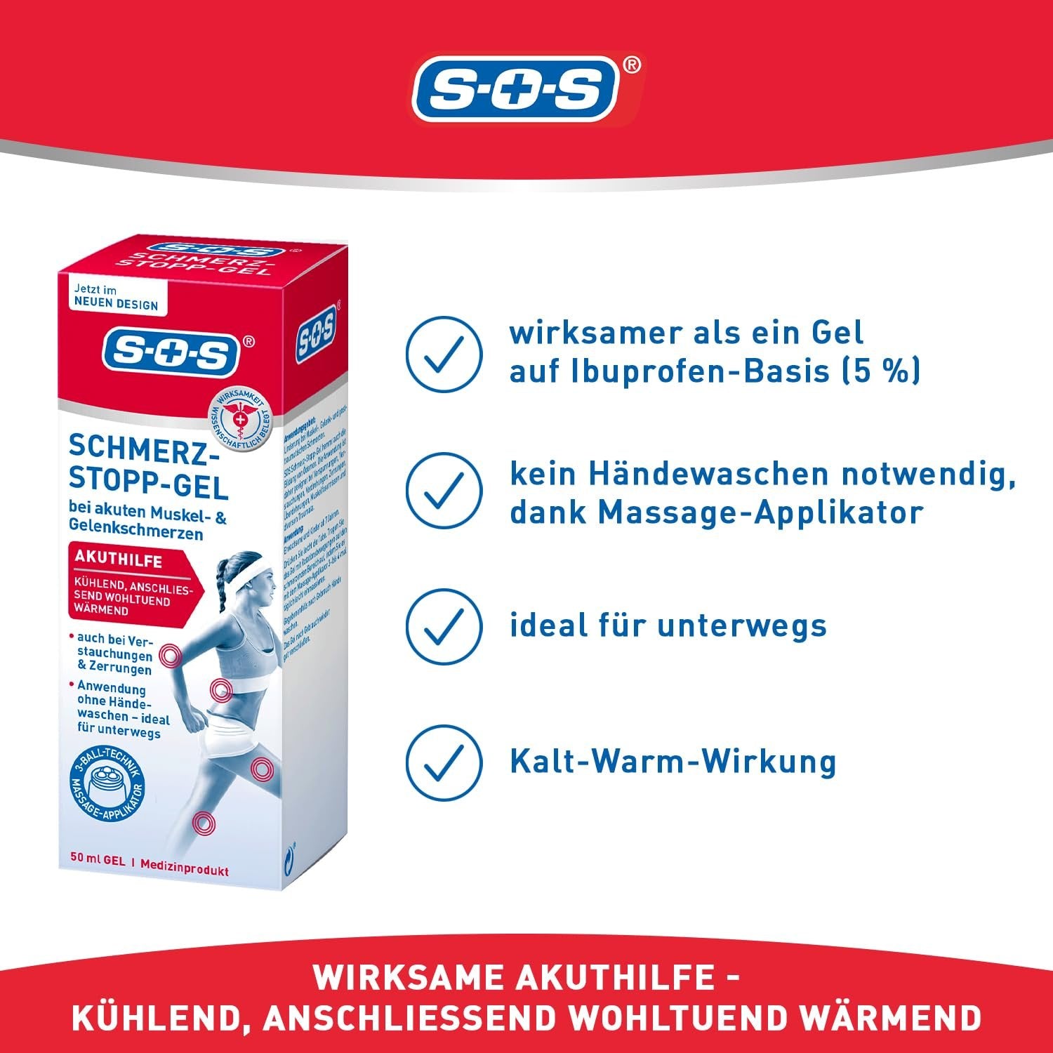 SOS Schmerz-Stopp-Gel Verpackung mit Vorteilsliste und einer laufenden Frau im Hintergrund.