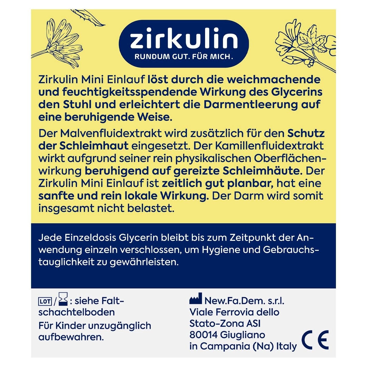 Rückseite der Zirkulin Mini Einlauf Verpackung mit detaillierter Produktbeschreibung und Herstellerangaben.
