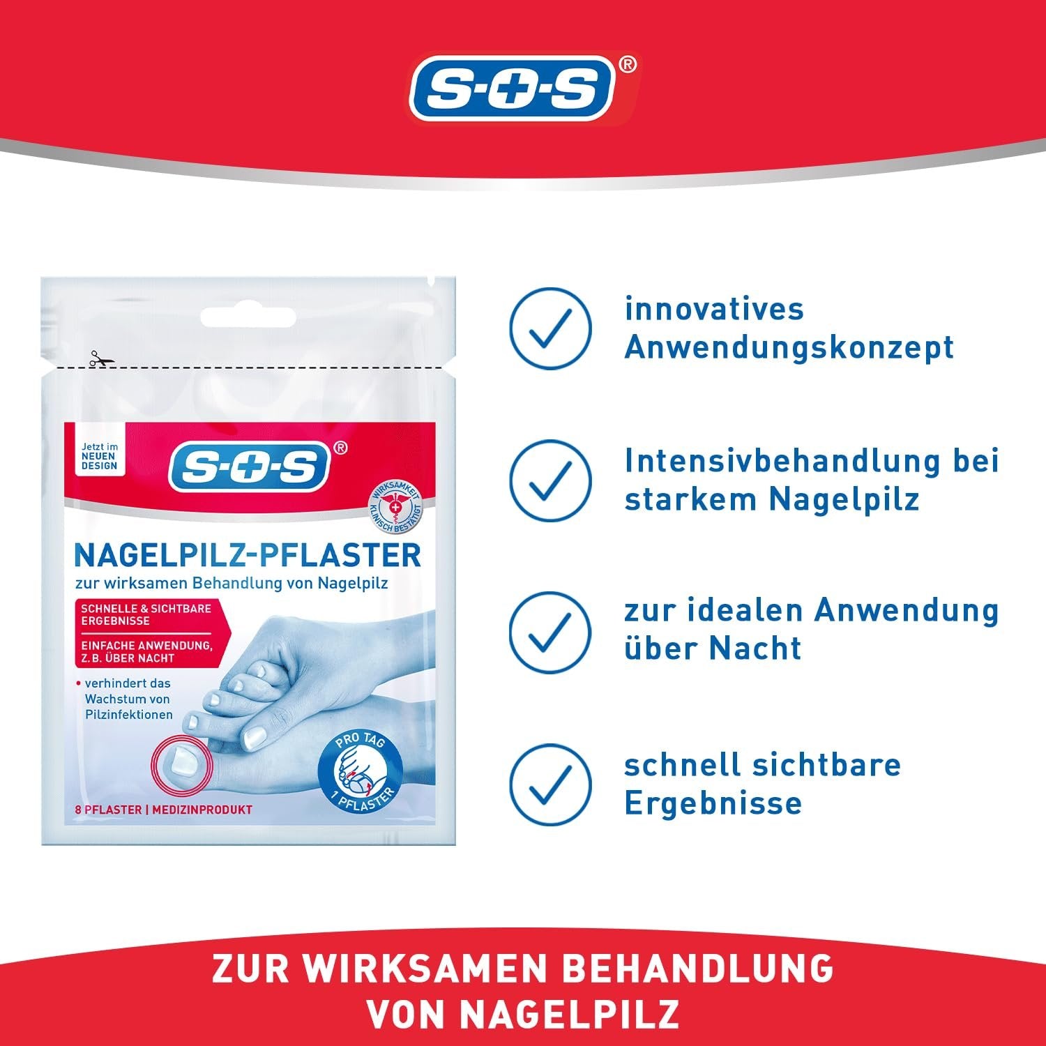 Vorderseite der Produktverpackung mit SOS Nagelpilz-Pflaster und vier Vorteilen wie 'innovatives Anwendungskonzept'.