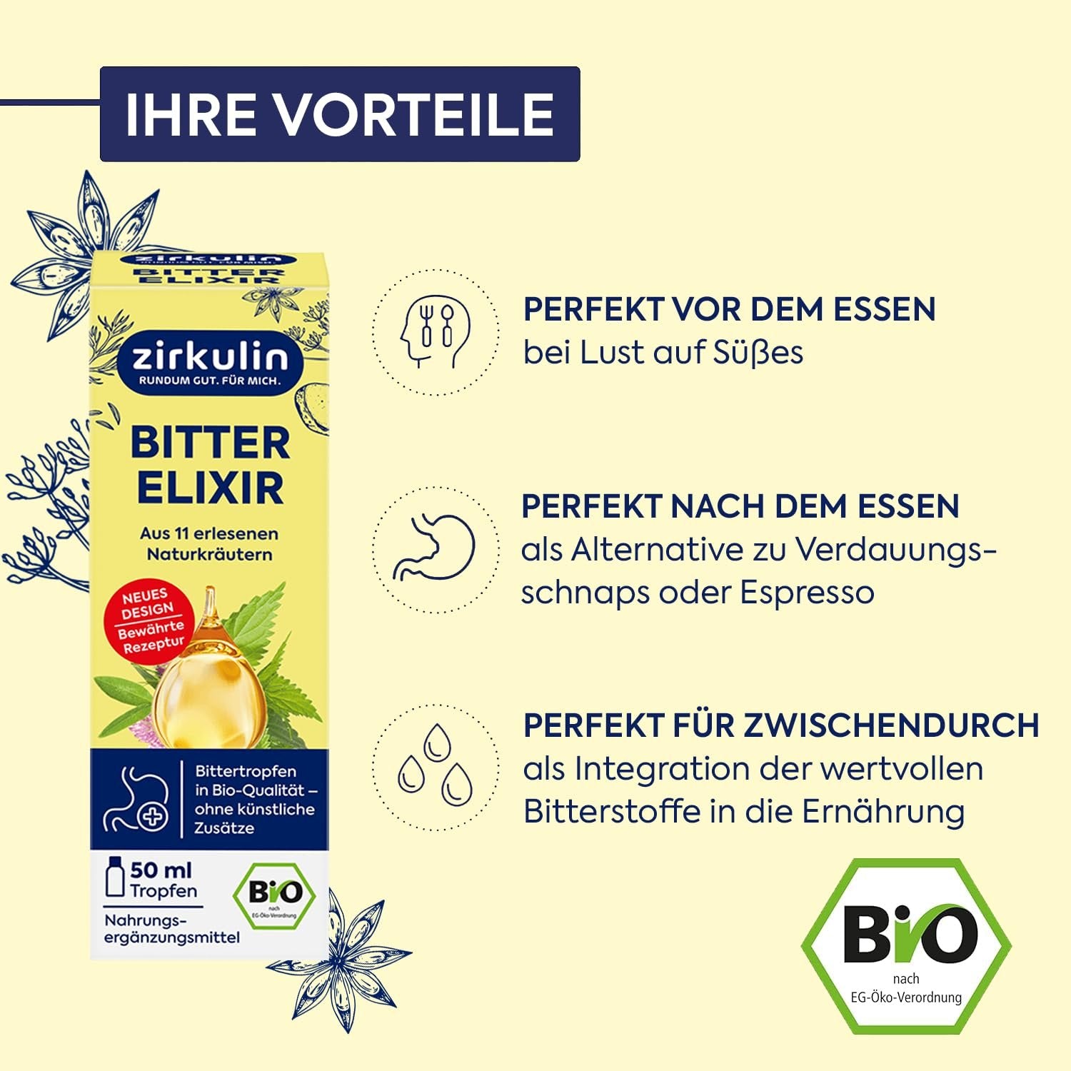 Produktbox und drei Vorteile des Zirkulin Bitter Elixir Bio: vor, nach und zwischendurch einnehmbar.