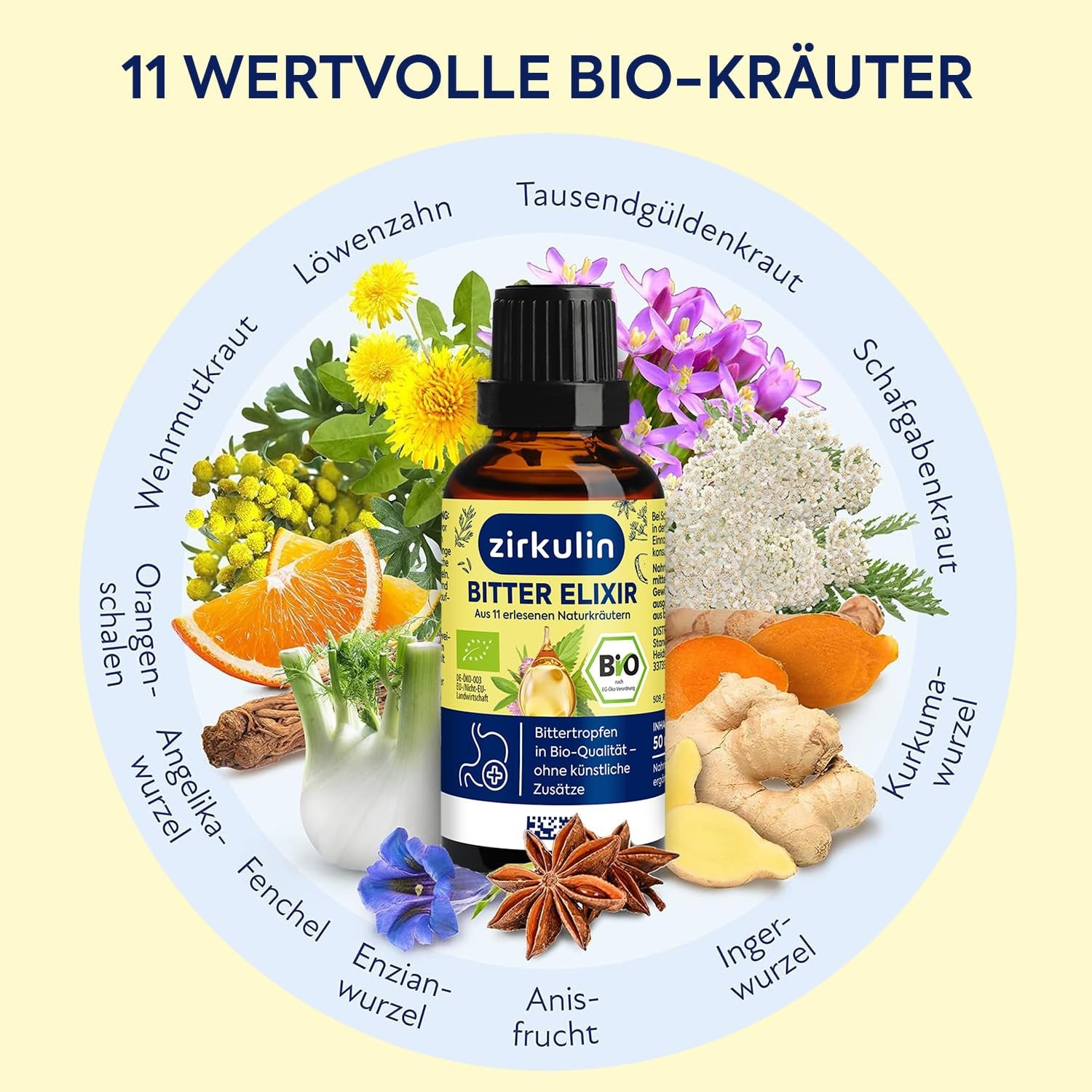 Die Zirkulin Bitter Elixir Bio Flasche umgeben von den 11 wertvollen Bio-Kräutern, die enthalten sind.
