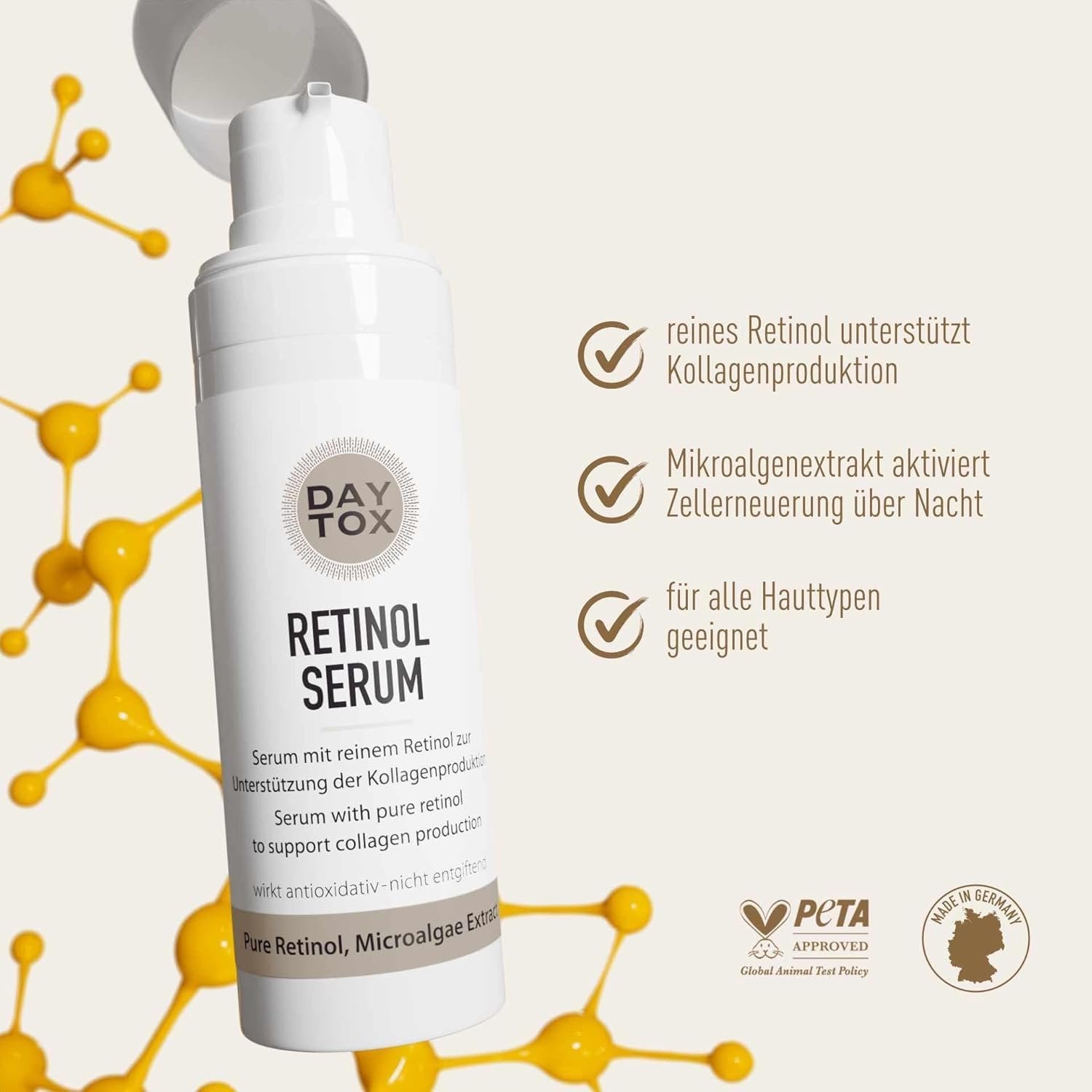 Offenes Daytox Retinol Serum Fläschchen mit Produktvorteilen und PETA-Siegel auf molekularem Hintergrund.