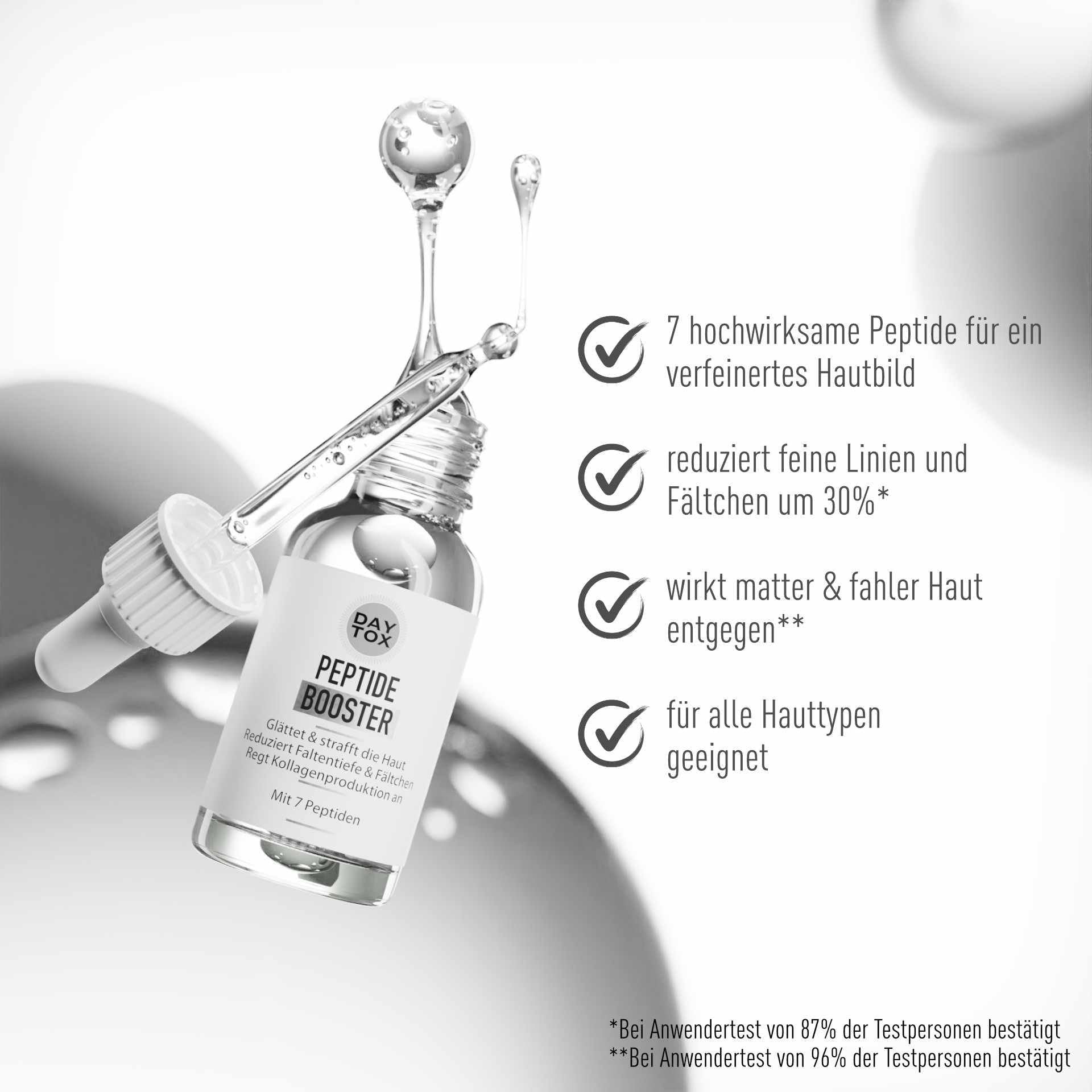 DAYTOX Peptide Booster Flasche mit Pipette und flüssigem Serum. Daneben eine Liste der Produktvorteile.