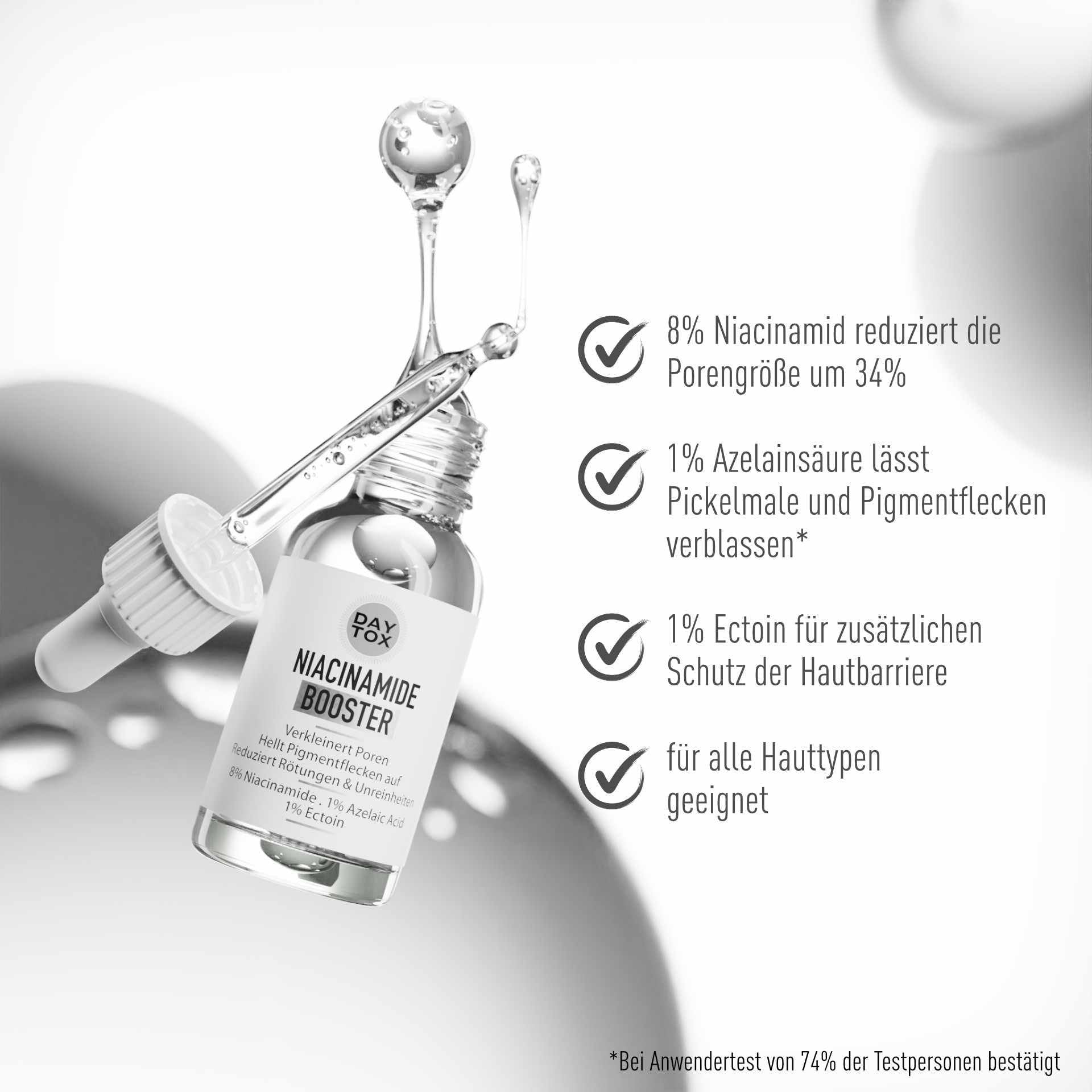 Daytox Niacinamide Booster Flasche mit Pipette und Liste der Produktvorteile auf hellem Hintergrund.