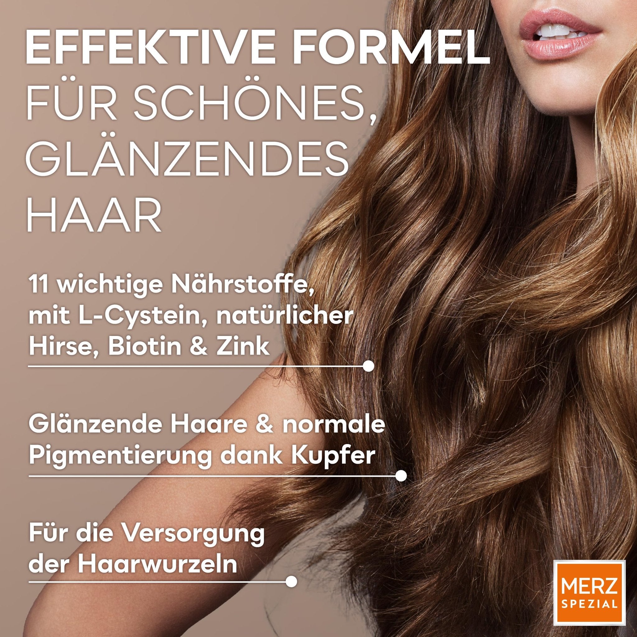 Nahaufnahme von glänzendem Haar mit Text über die effektive Formel und Inhaltsstoffe wie L-Cystein, Hirse.