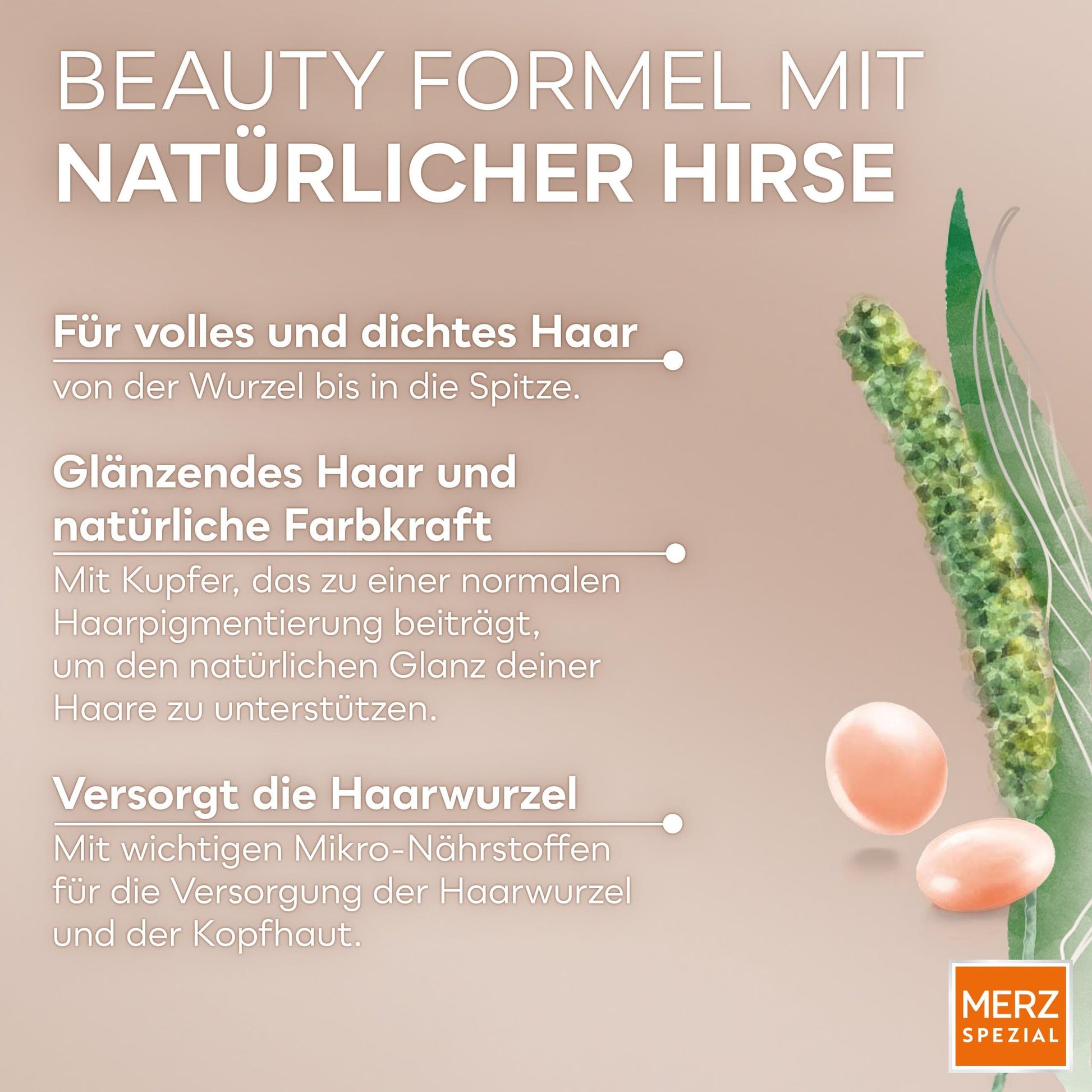 Nahaufnahme von Merz Spezial Haar-Activ Dragees und Hirse. Text über volles Haar und Haarwurzelversorgung.