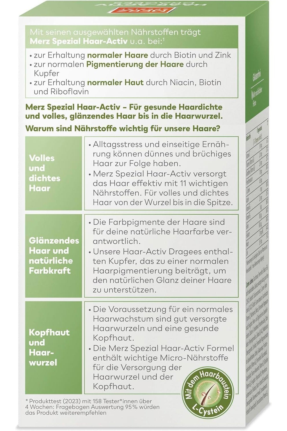 Rückseite der Merz Spezial Haar-Activ Verpackung mit Erklärungen zu vollem Haar, Glanz und Kopfhaut.