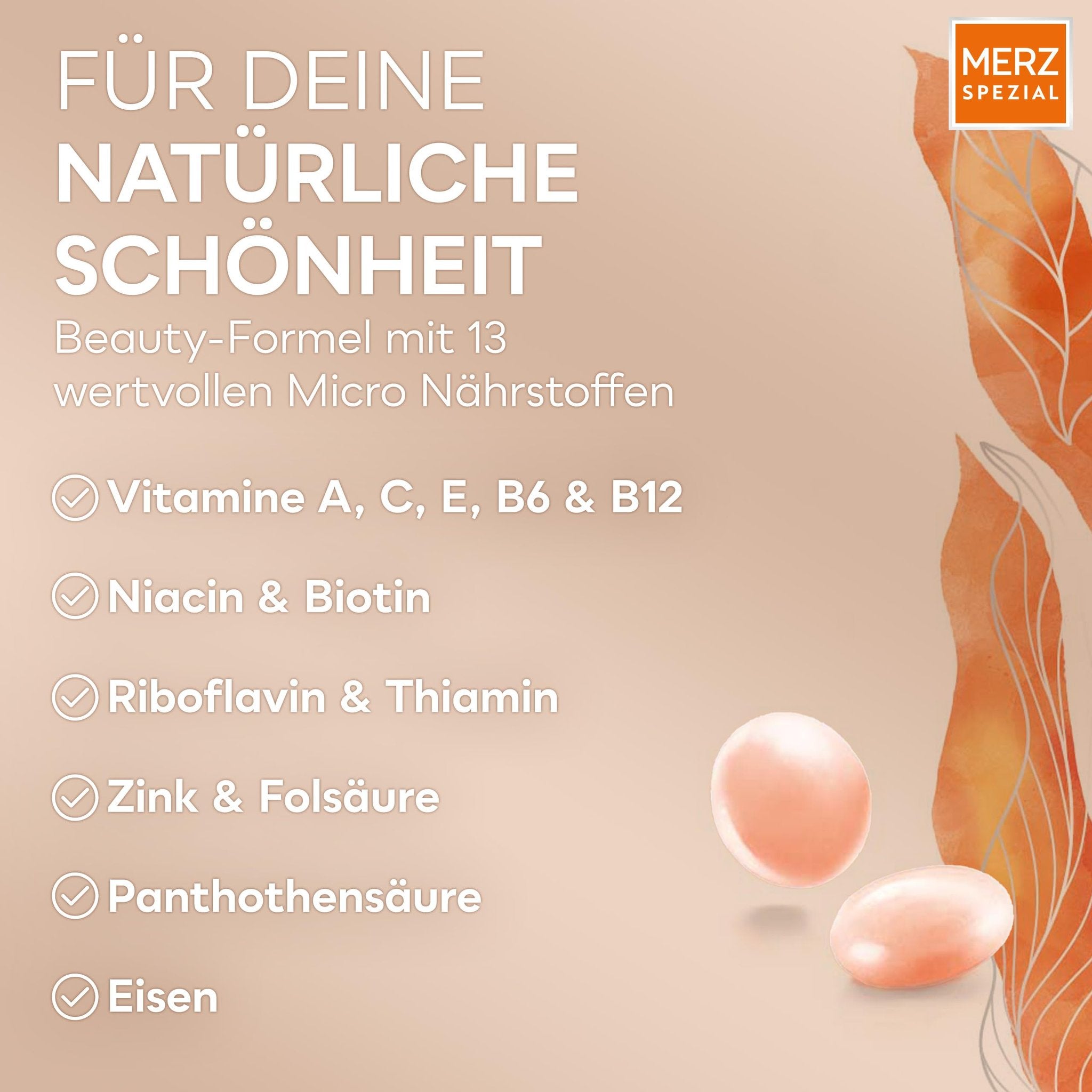 Grafik mit aufgeführten Vitaminen und Mineralstoffen (A, C, E, B6, B12, Niacin, Biotin, Zink, Folsäure etc.) und zwei Dragees