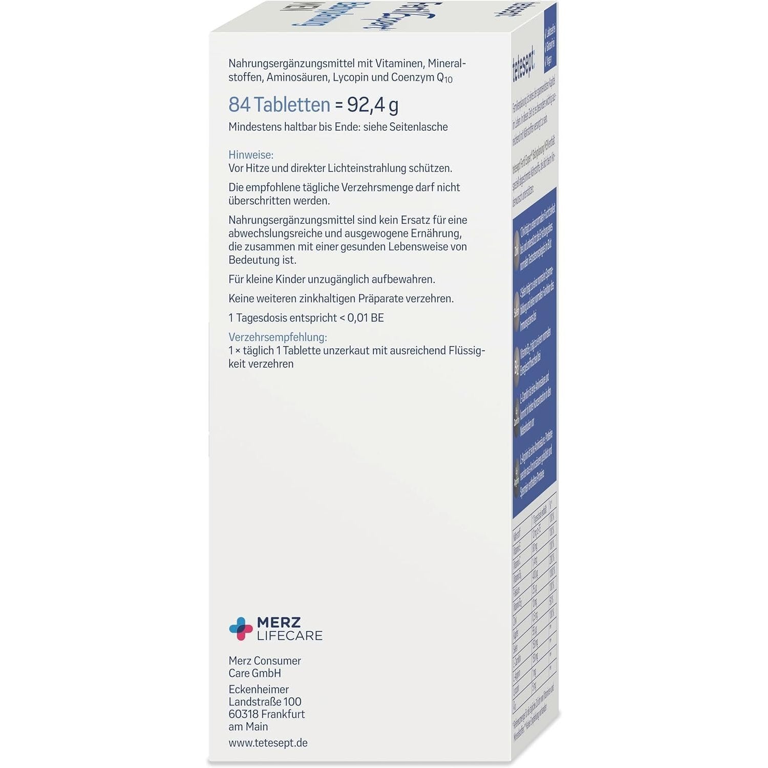 Rückseite der tetesept Fertil Expert Babyplanung MEN Verpackung mit allgemeinen Hinweisen, Verzehrempfehlung und Hersteller.