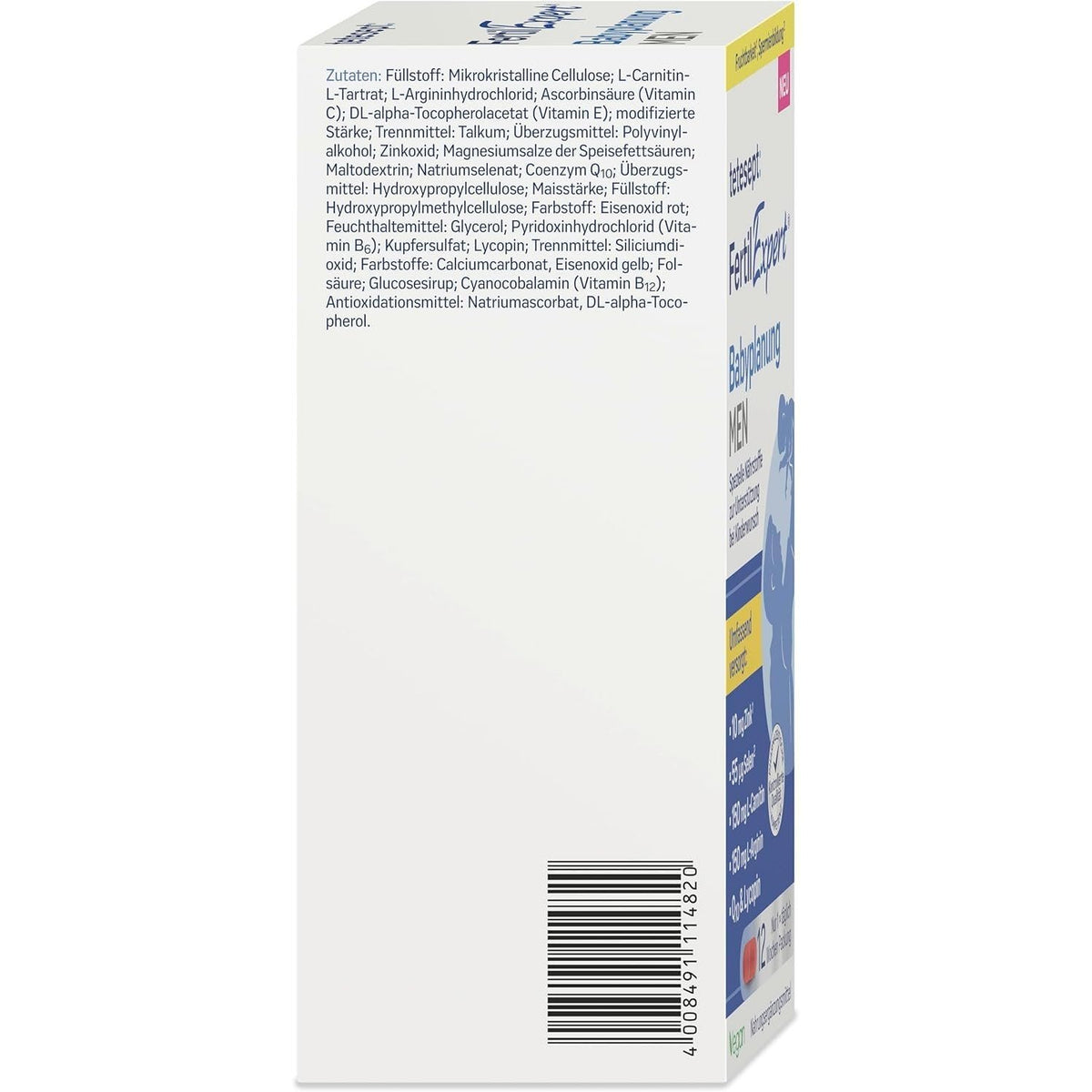 Seitenansicht der tetesept FertilExpert MEN Packung mit Zutatenangaben und Barcode