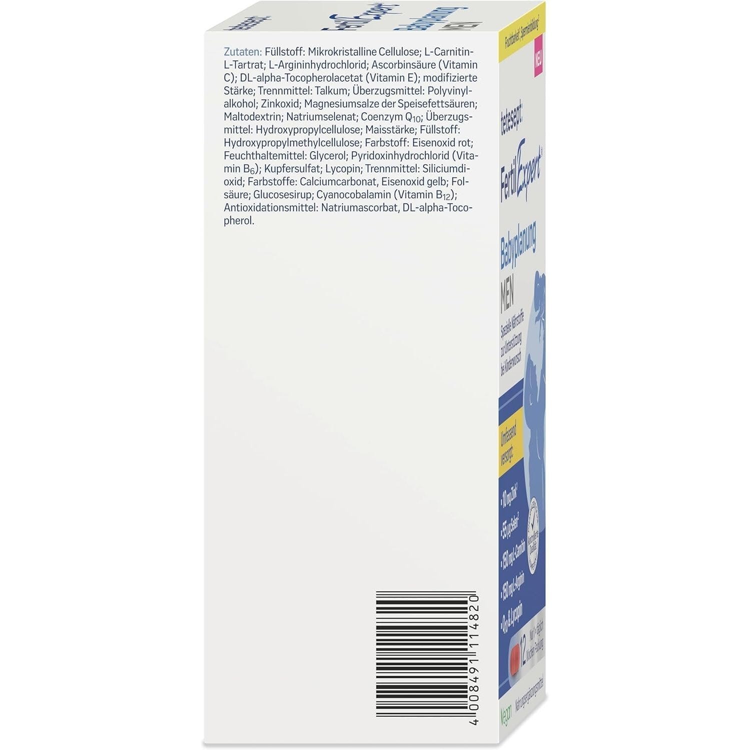 Seitenansicht der tetesept Fertil Expert Babyplanung MEN Verpackung mit detaillierter Zutatenliste und Barcode.