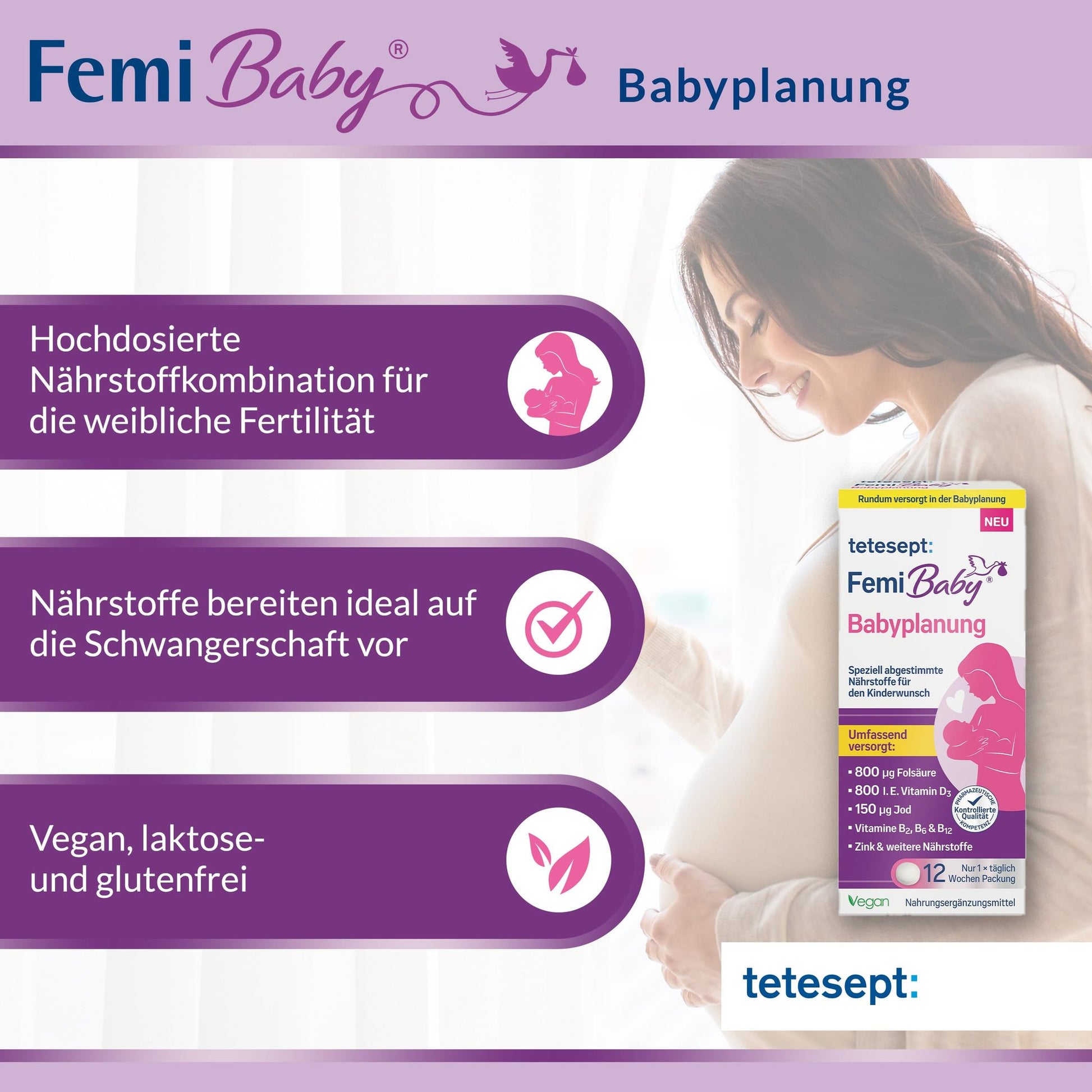 Lächelnde, schwangere Frau hält ihren Bauch, im Hintergrund die Produktverpackung und Texte zu den Vorteilen.