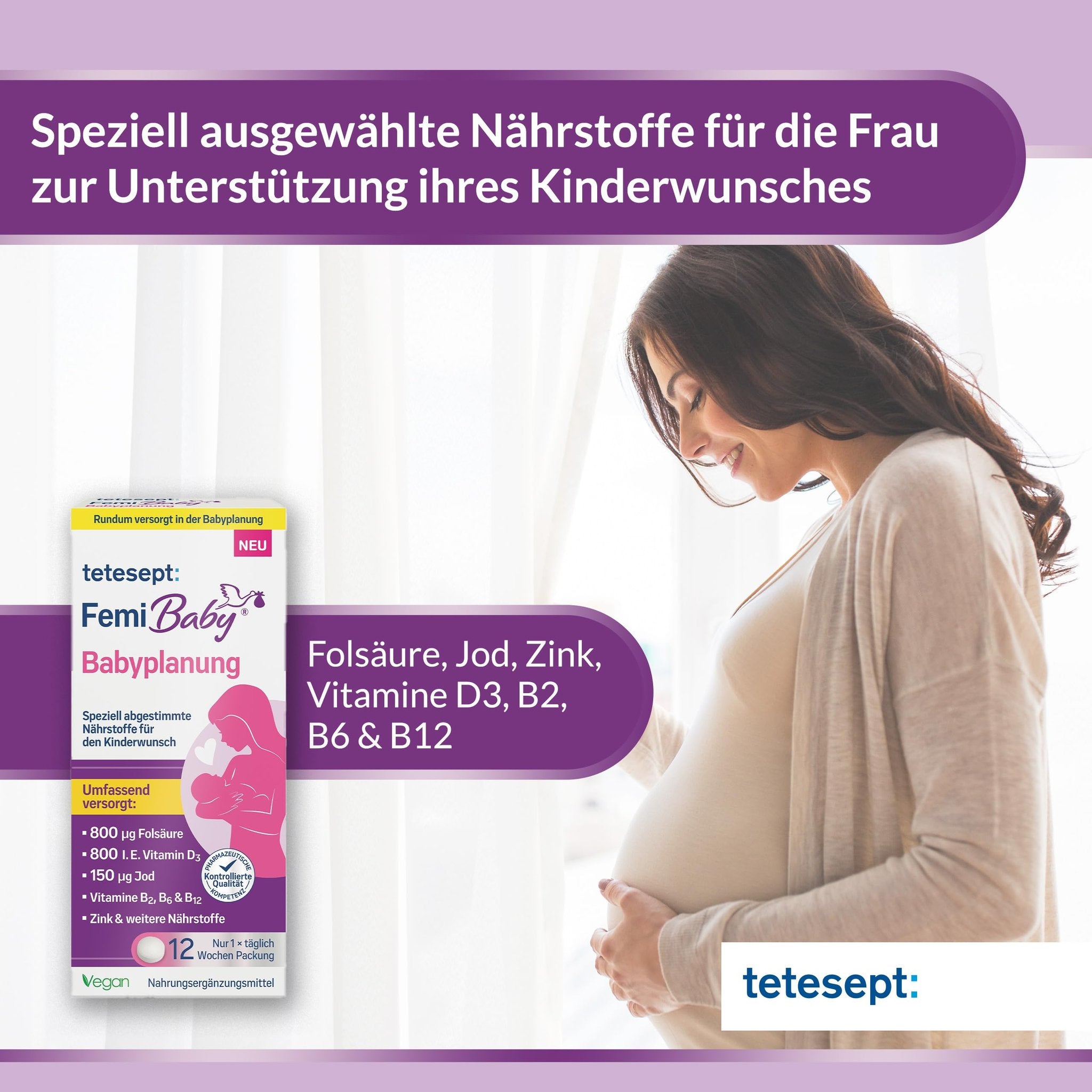 Schwangere Frau lächelt und hält ihren Bauch, daneben die Produktverpackung und Text zu den Inhaltsstoffen.