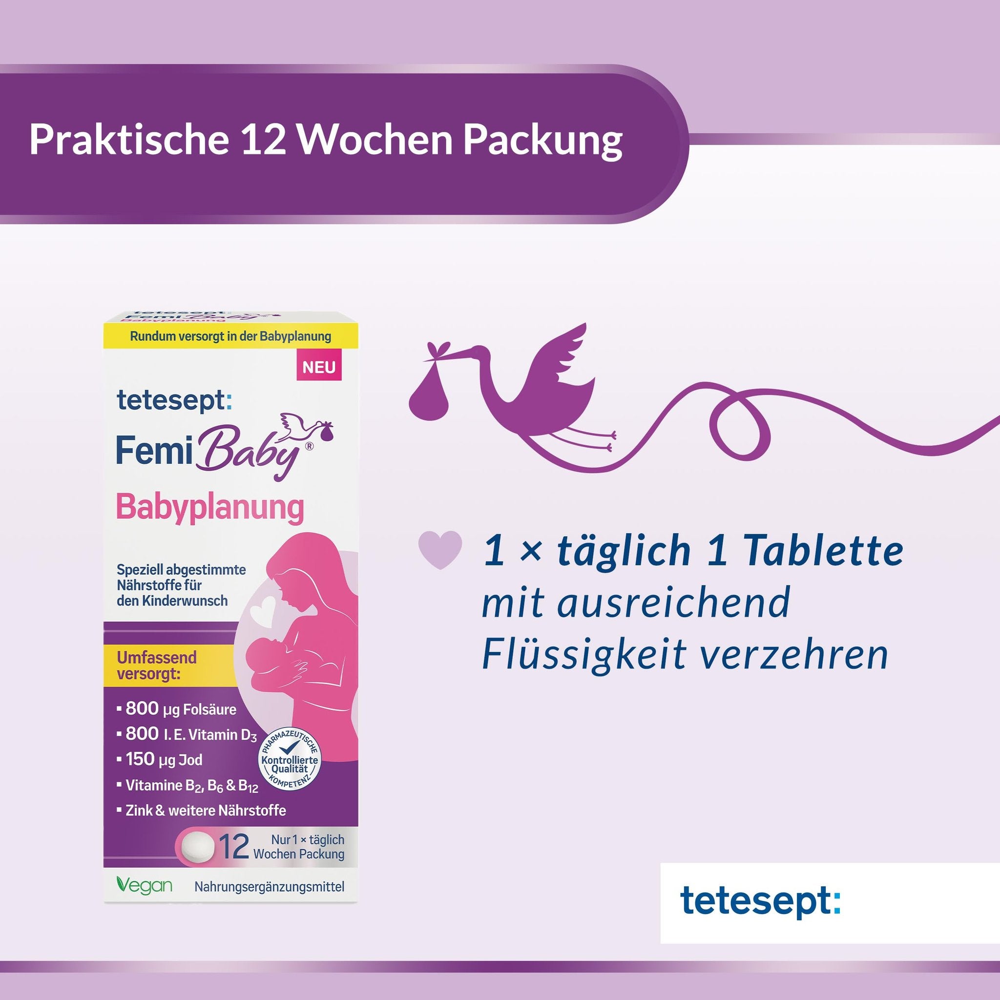 Produktverpackung von tetesept Femi Baby Babyplanung mit Storch-Grafik und Hinweis zur täglichen Einnahme.