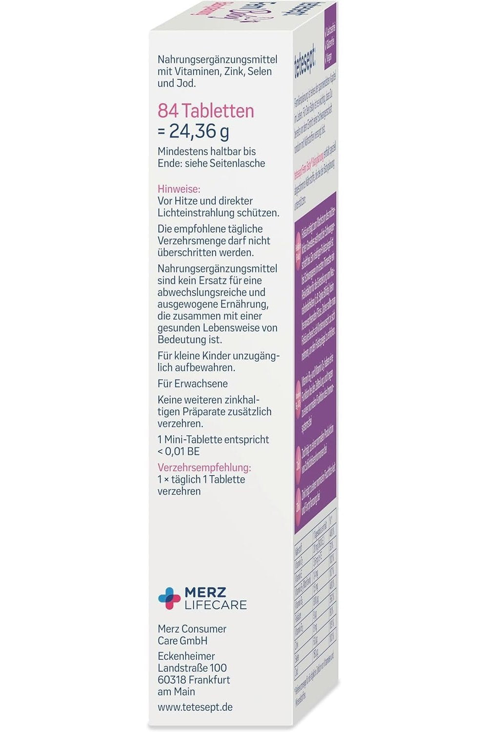 Rückseite der tetesept Femi Baby Babyplanung Verpackung mit allgemeinen Hinweisen und Verzehrempfehlung.