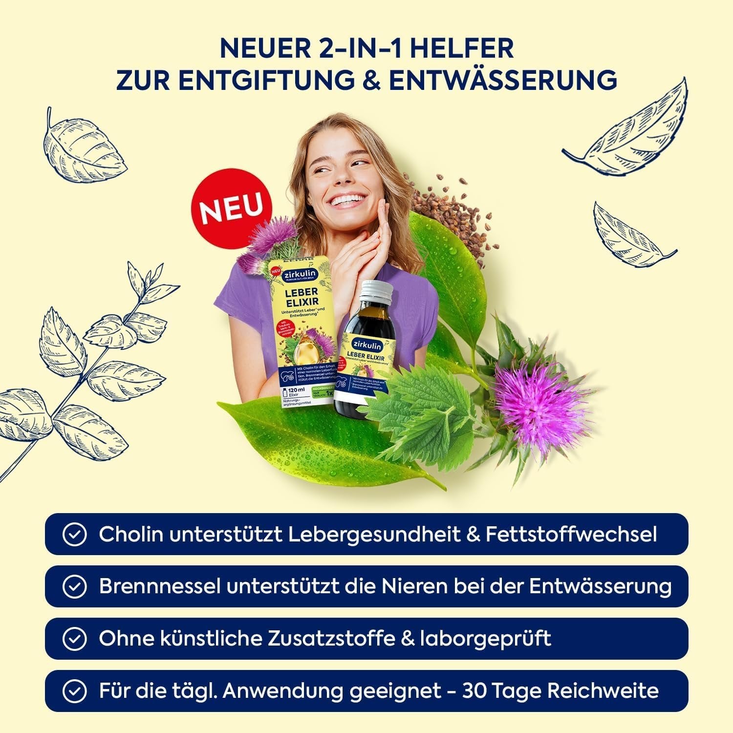 Lächelnde Frau hält die Zirkulin Leber Elixir Verpackung und Flasche; daneben Produktvorteile.