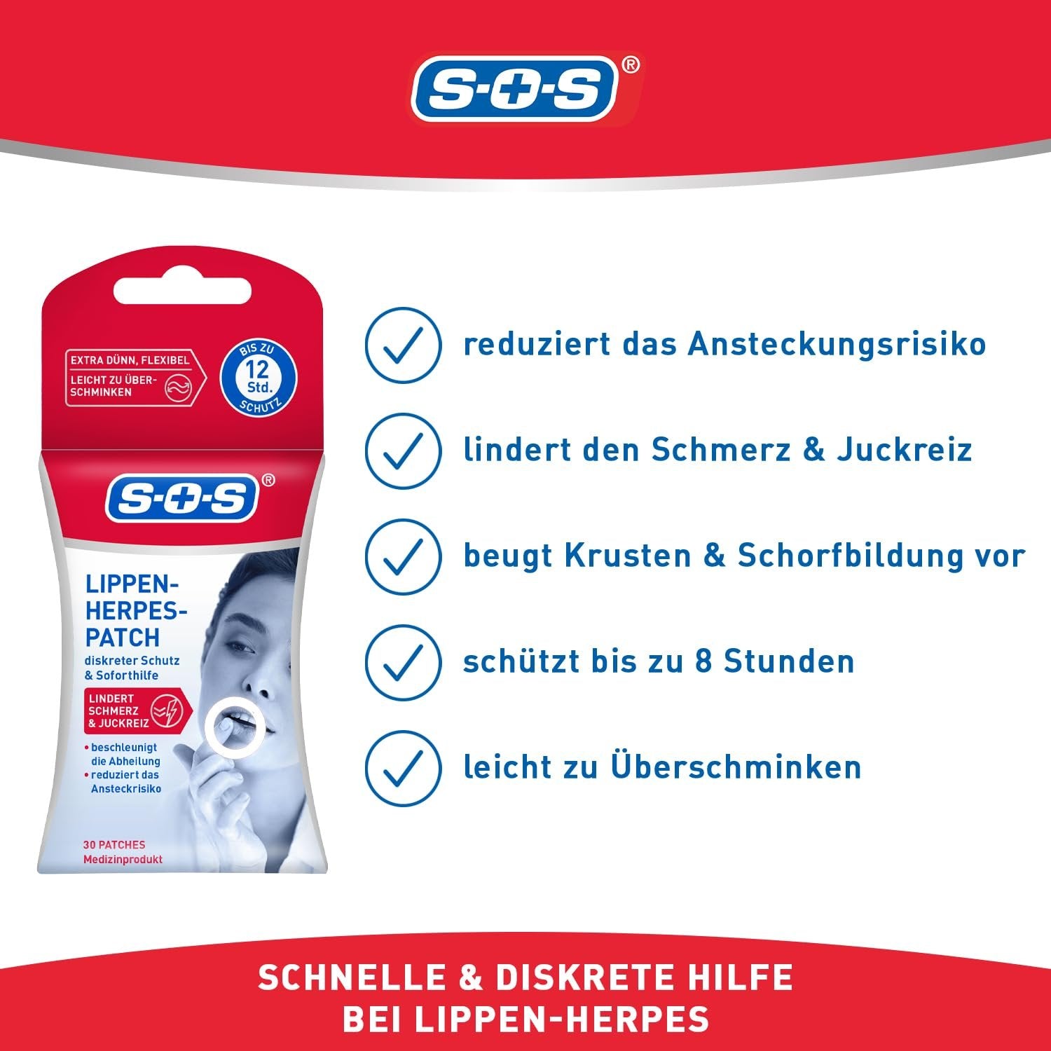 Vorderseite der SOS Lippen-Herpes-Patch Verpackung mit einer Liste der Produktvorteile und Anwendungsbeispiel.
