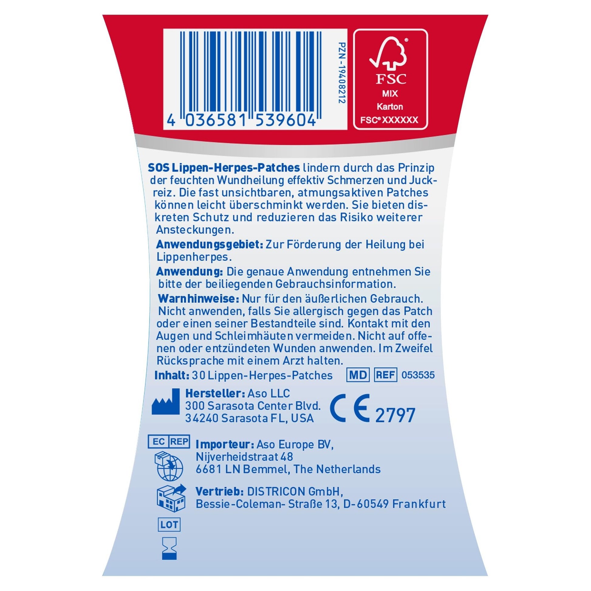 Rückseite der SOS Lippen-Herpes-Patch Verpackung mit Barcode, Produktbeschreibung, Anwendung und Herstellerinformationen.