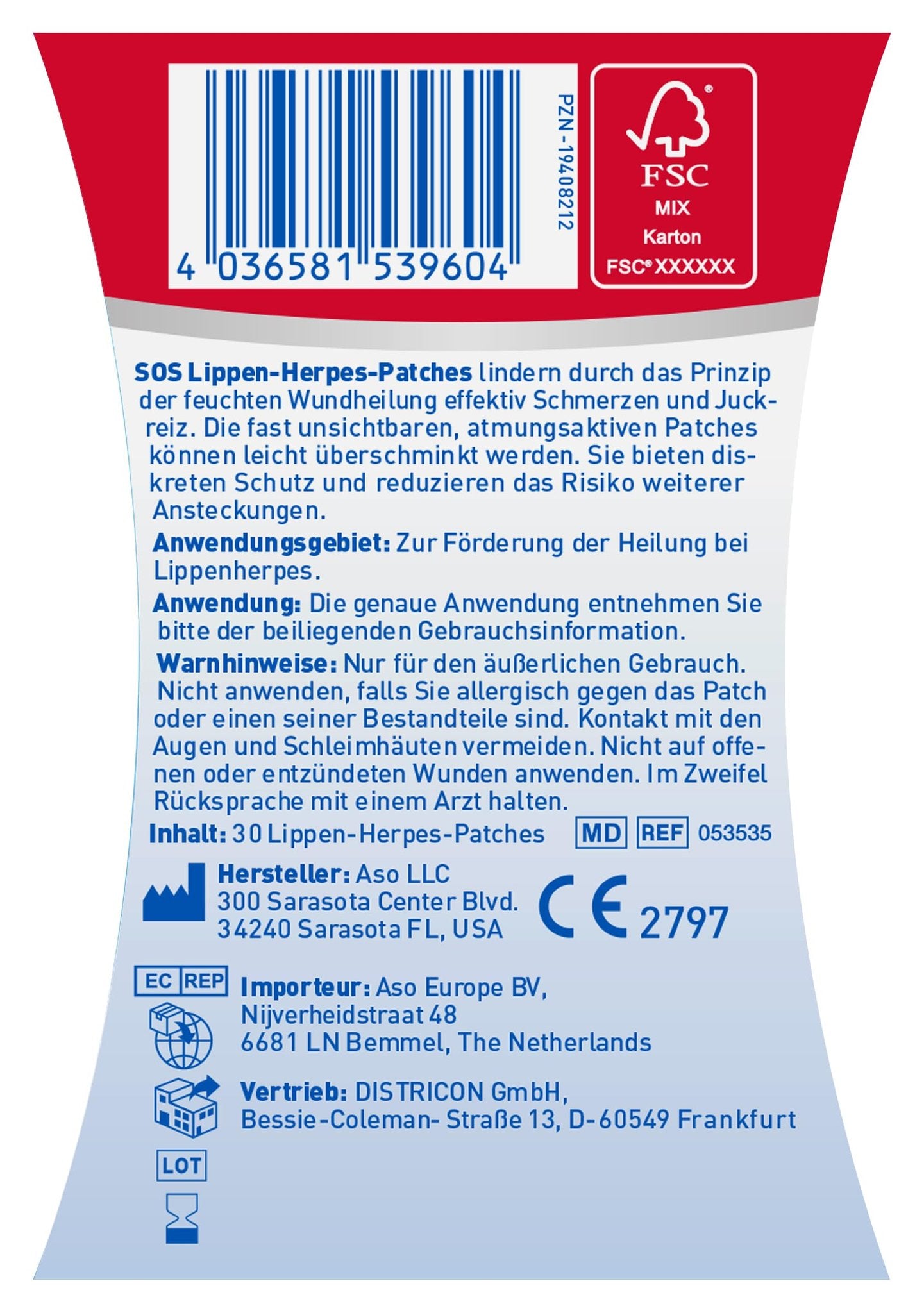 Rückseite der SOS Lippen-Herpes-Patch Verpackung mit Barcode, Produktbeschreibung, Anwendung und Herstellerinformationen.