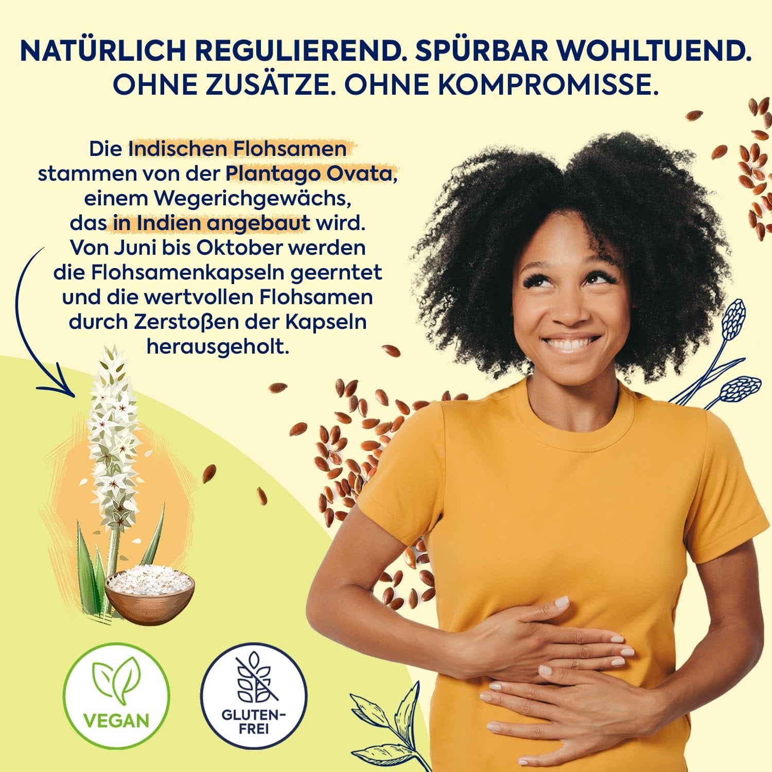 Frau lächelt und hält sich den Bauch. Text über indische Flohsamen, vegan und glutenfrei.
