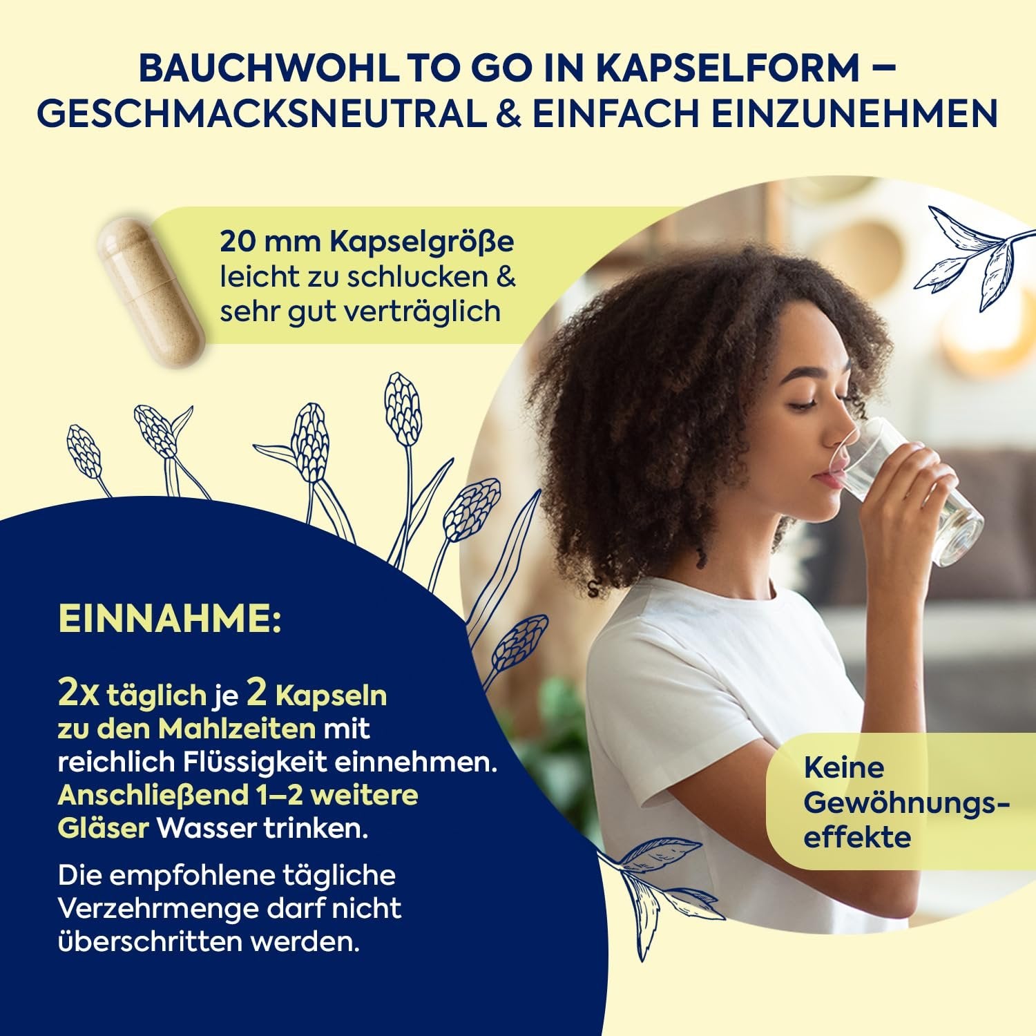 Frau trinkt Wasser, daneben Kapseln. Text zur Einnahmeempfehlung und Kapselgröße.