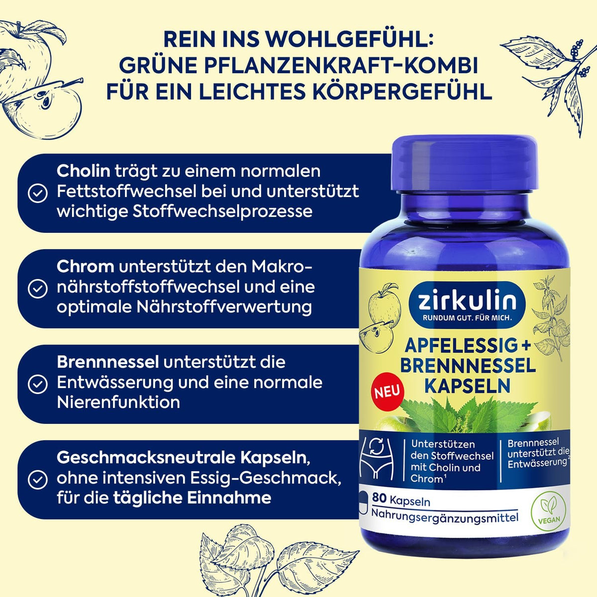 Infografik mit Produktflasche, Äpfeln und Brennnesseln, listet Vorteile von Cholin, Chrom und Brennnessel auf.