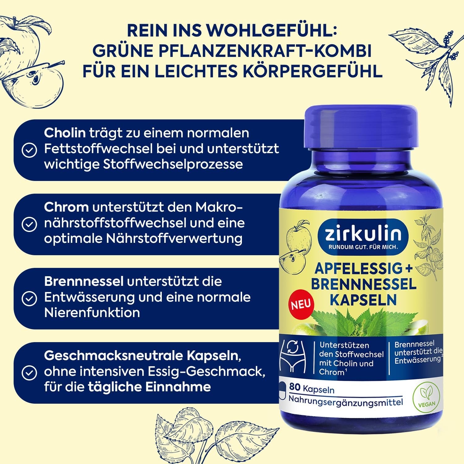 Infografik mit Produktflasche, Äpfeln und Brennnesseln, listet Vorteile von Cholin, Chrom und Brennnessel auf.