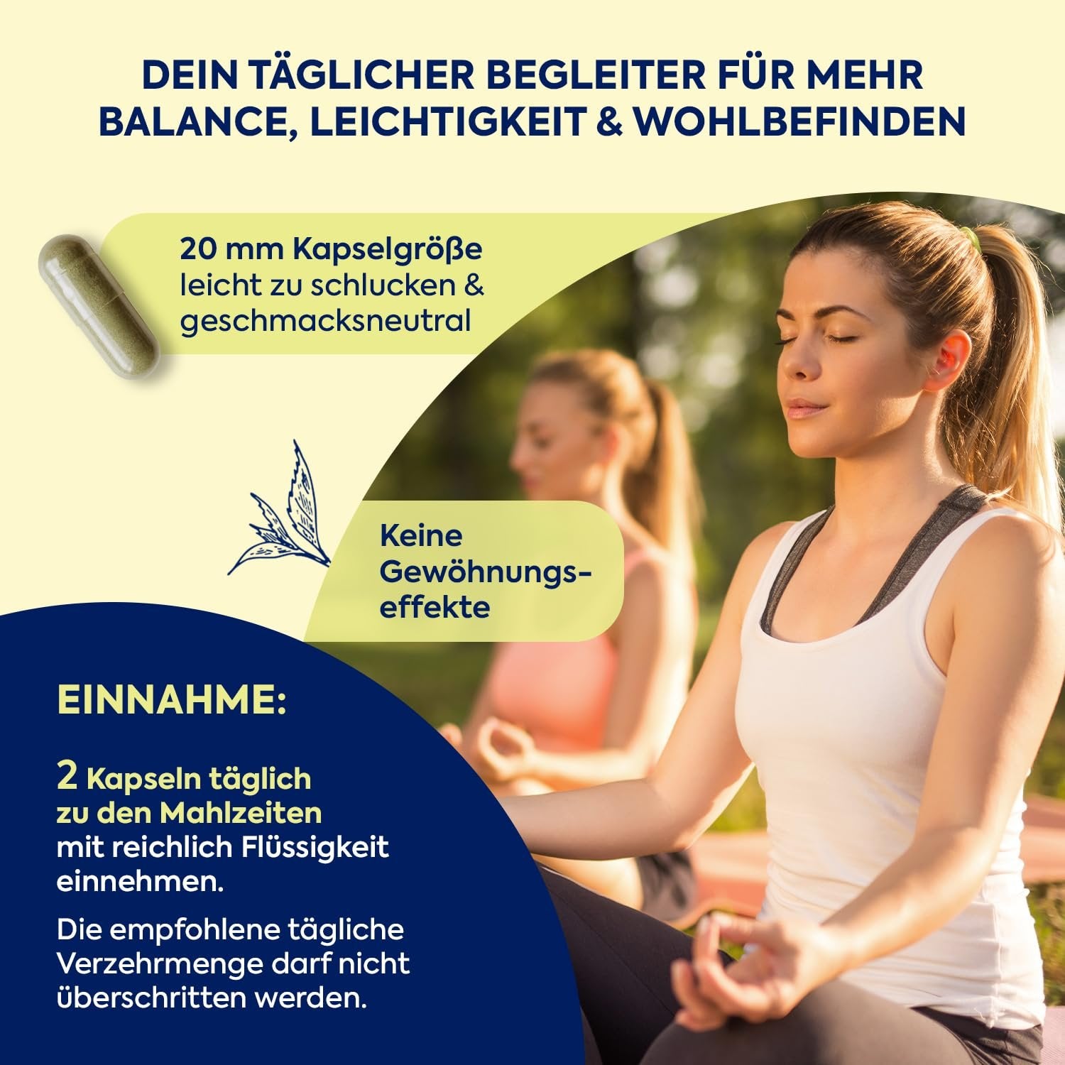 Zwei Frauen meditieren, Textfelder beschreiben Kapselgröße, Einnahme und keine Gewöhnungseffekte.