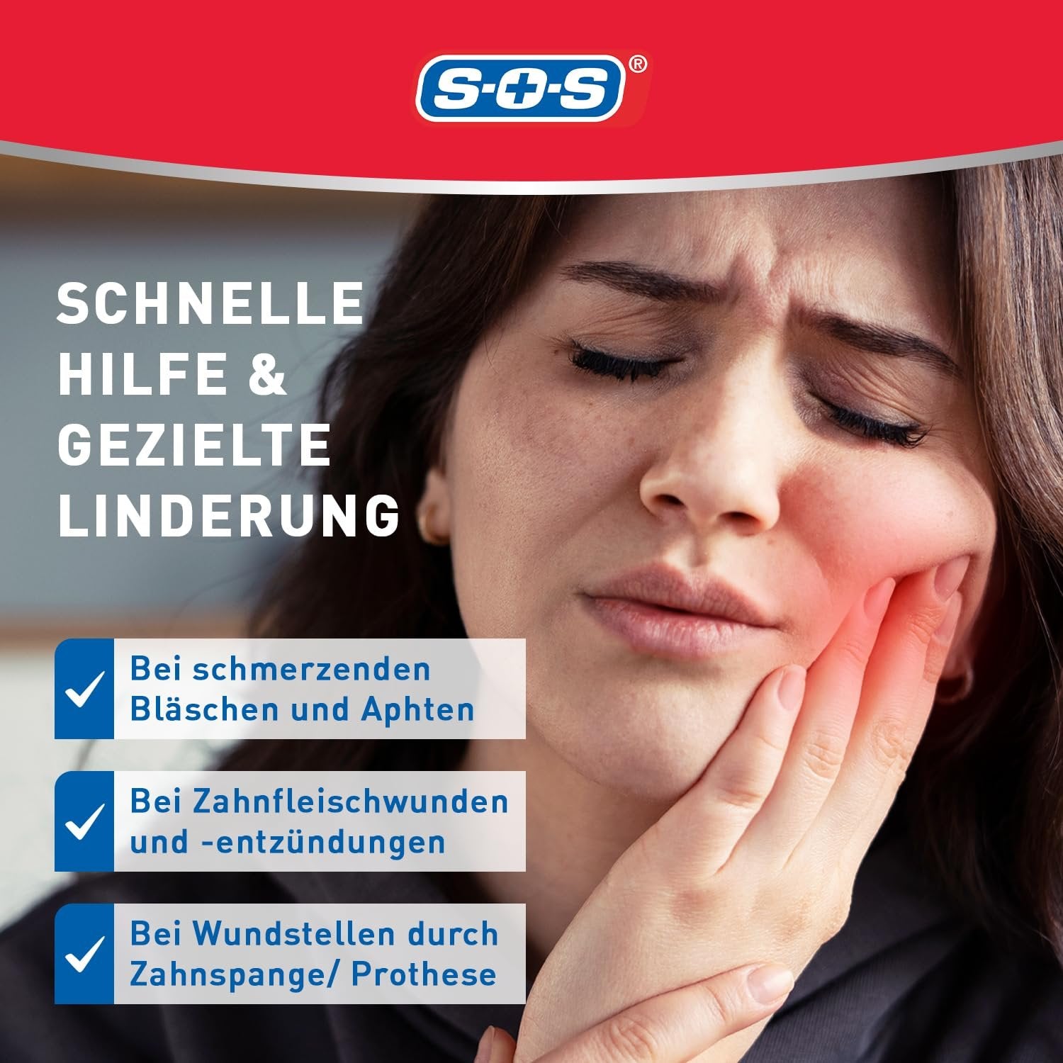 Frau hält sich die Wange, daneben Text zu Anwendungsbereichen bei Schmerzen im Mundraum.