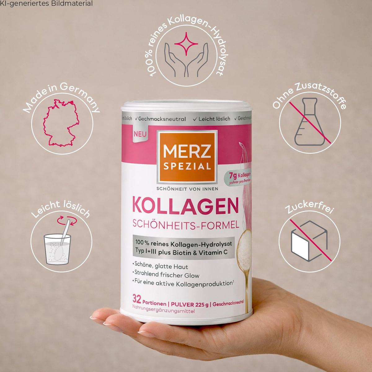 Merz Spezial Kollagenpulver-Dose in Hand, kreisförmige Nutzen-Icons um die Verpackung