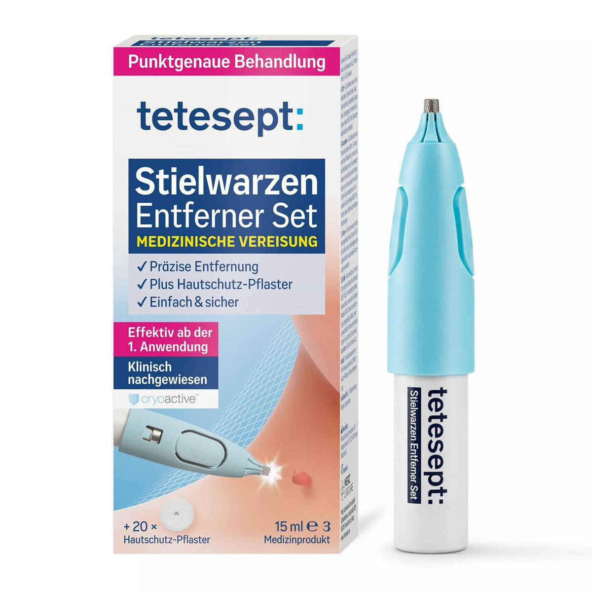 tetesept Stielwarzen-Entferner Set: Karton und Vereisungsstift mit 20 Hautschutzpflastern