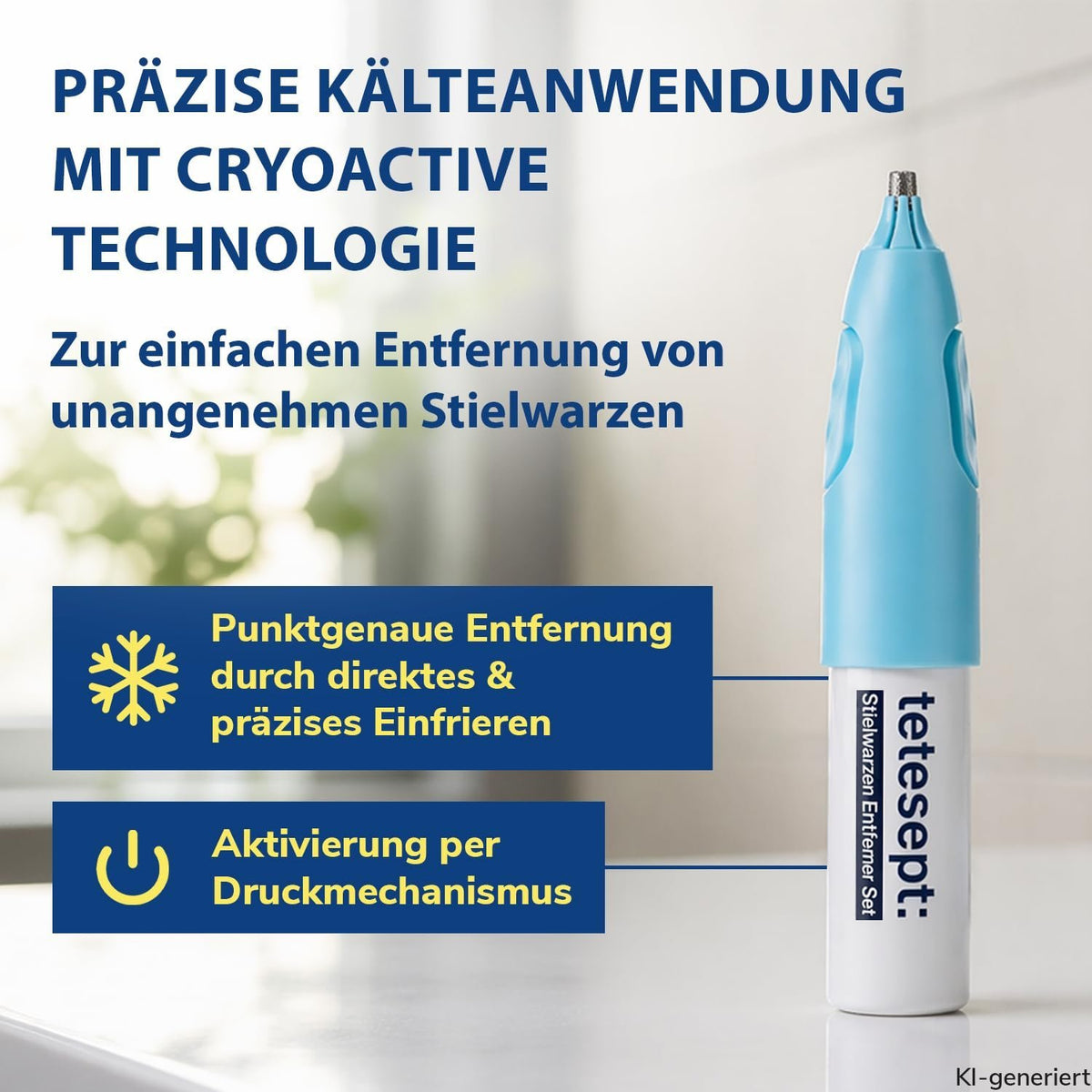tetesept Vereisungsstift gegen Stielwarzen, blaues Applikationsoberteil und weißer Schaft